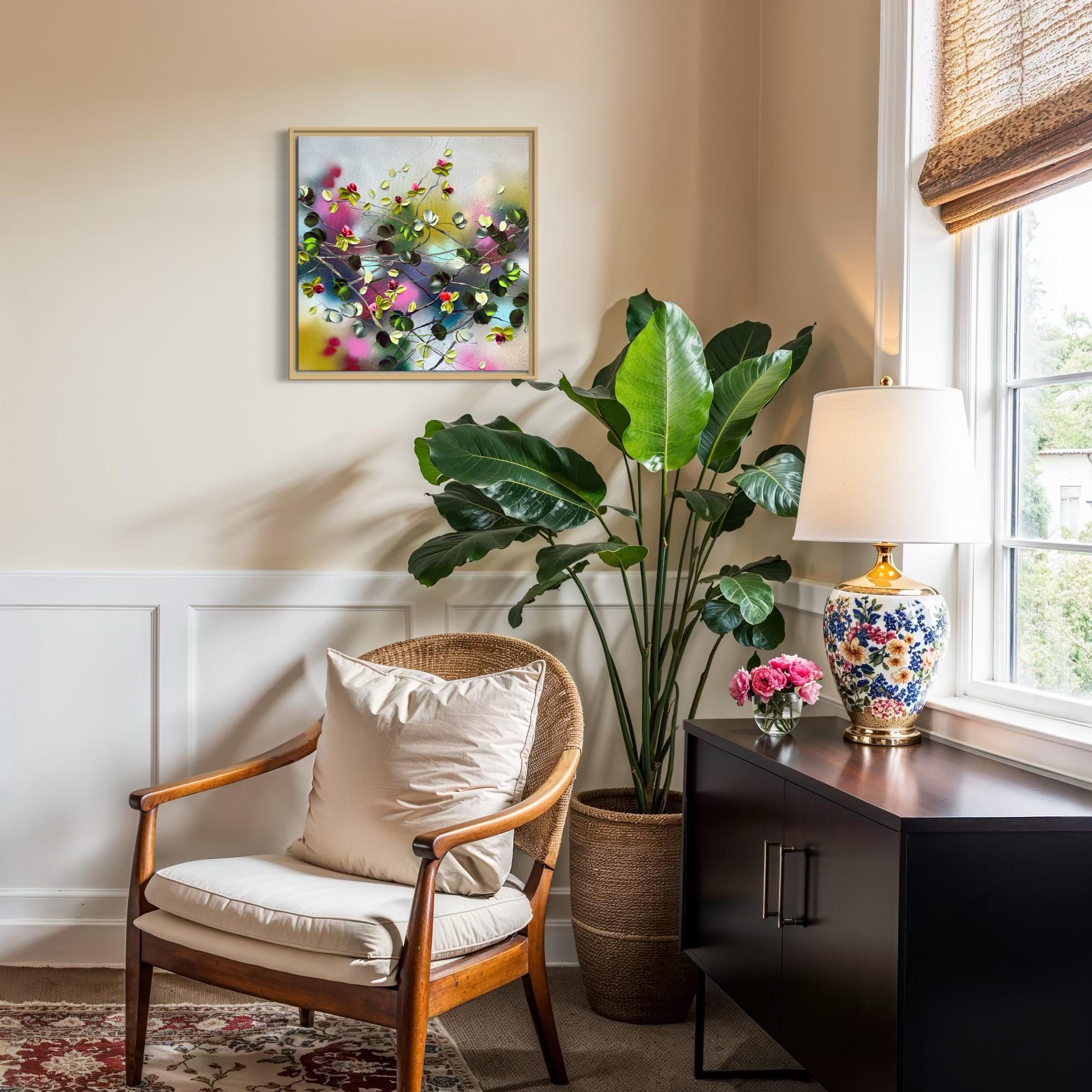 Blooms II -  impressionistic painting on linen canvas with 3d roses For Sale 11