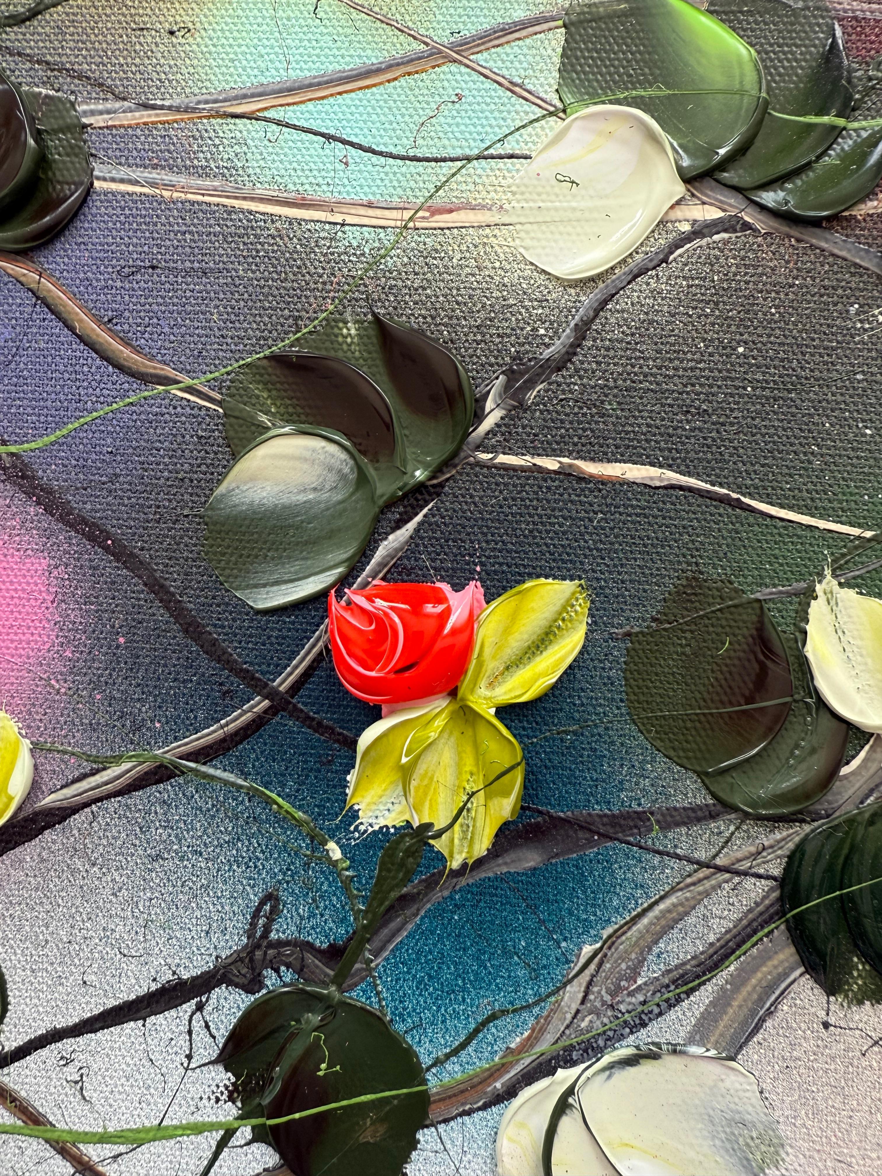 Blooms II -  impressionistic painting on linen canvas with 3d roses - Painting by Anastassia Skopp