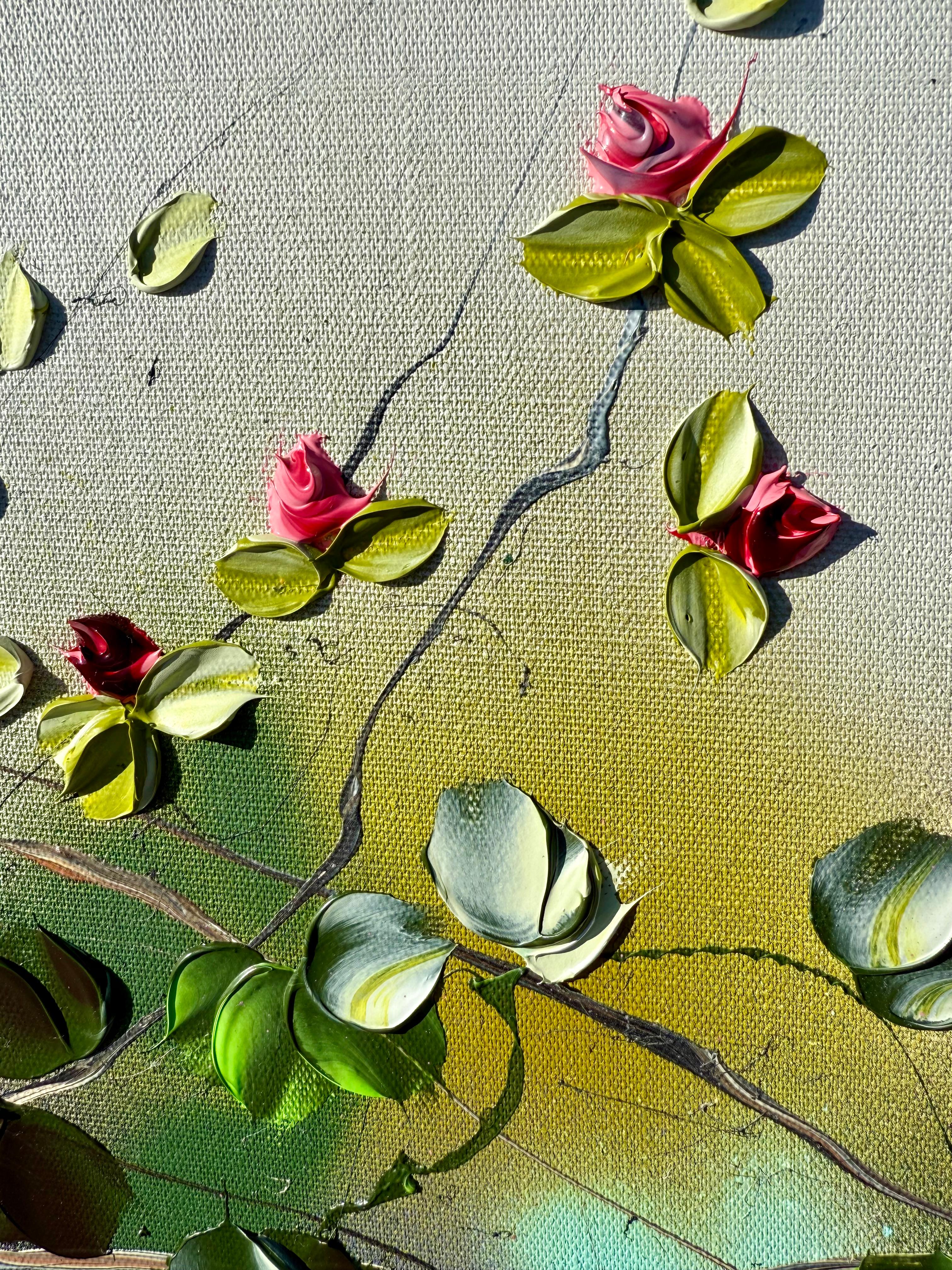 Blooms II -  impressionistic painting on linen canvas with 3d roses - Abstract Impressionist Painting by Anastassia Skopp