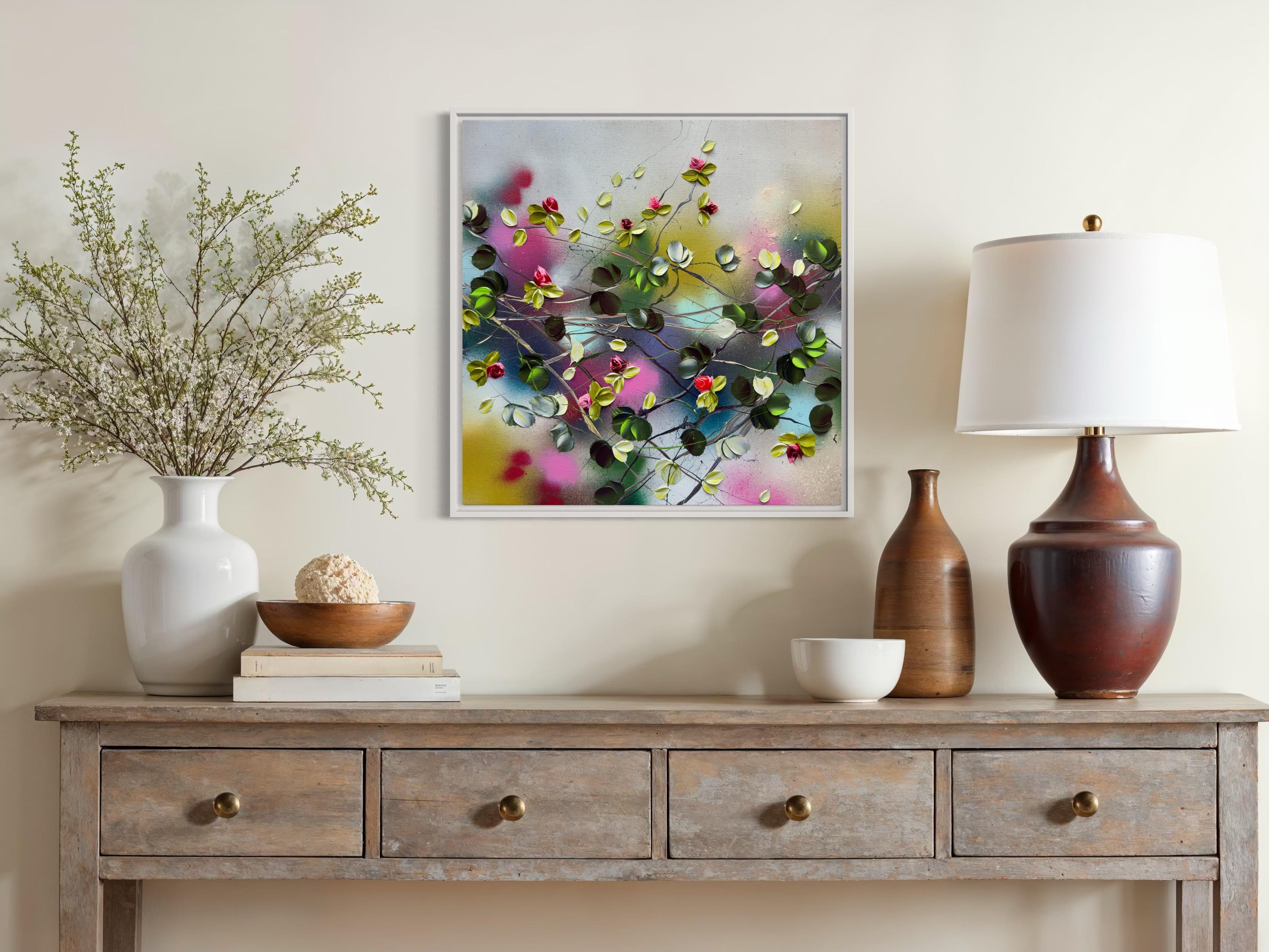 Blooms II -  impressionistic painting on linen canvas with 3d roses - Gray Abstract Painting by Anastassia Skopp