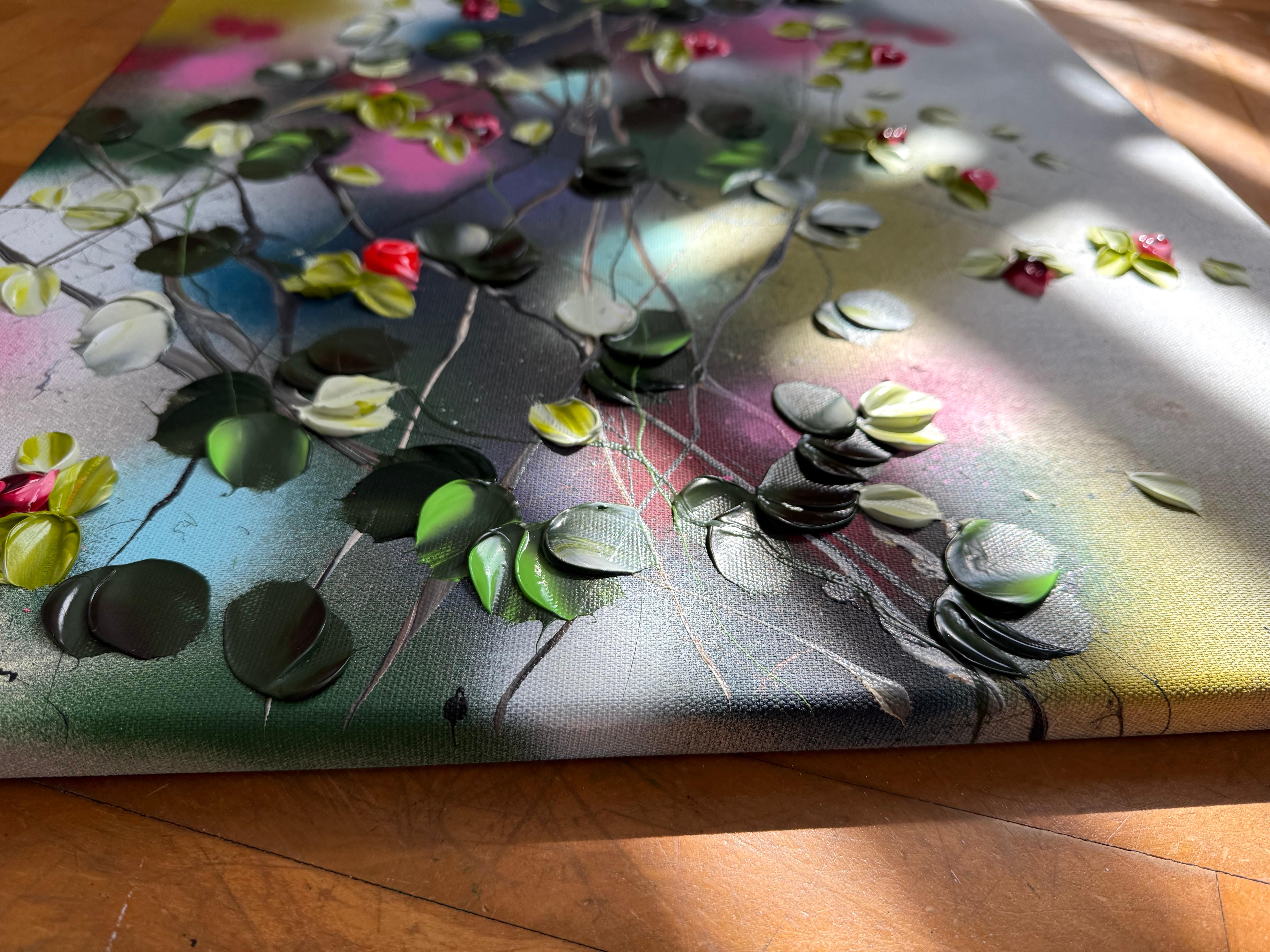 Acrylic on linen canvas, 50x50x2 cm / 19,7x19,7x0,8 in.

This painting features a serene composition of red and pink roses, capturing the essence of tranquility and self-contentment. The delicate roses, with their vibrant hues, are set against the