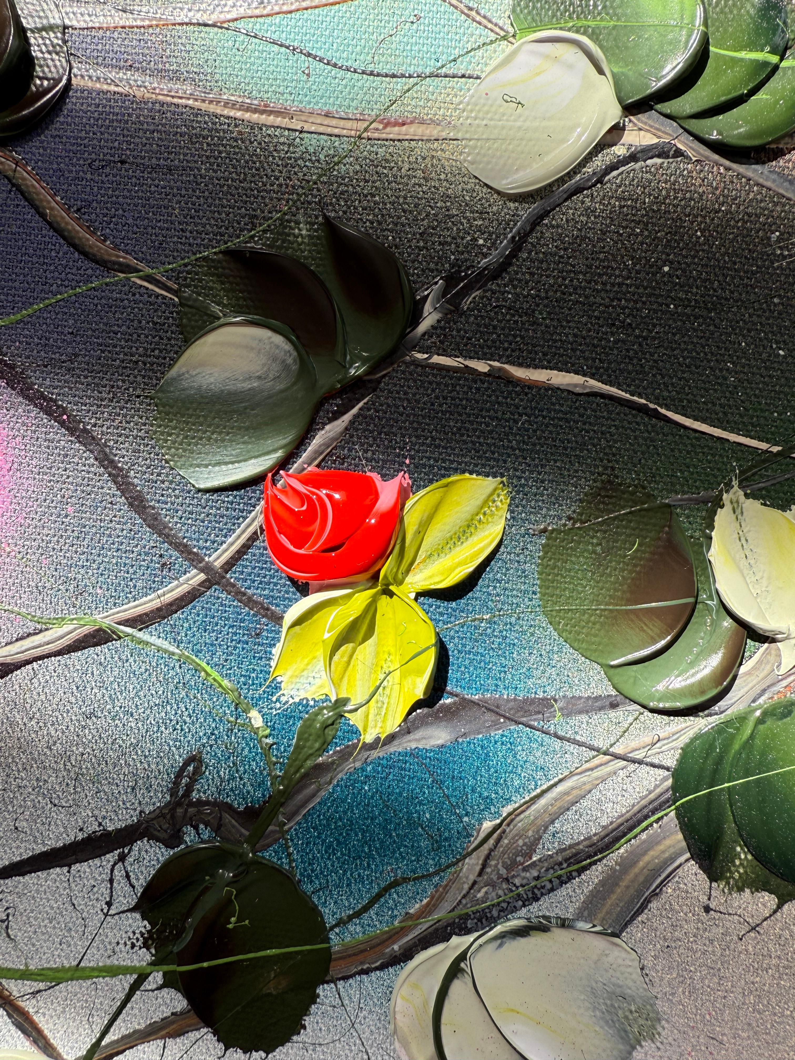 Blooms II -  impressionistic painting on linen canvas with 3d roses For Sale 1