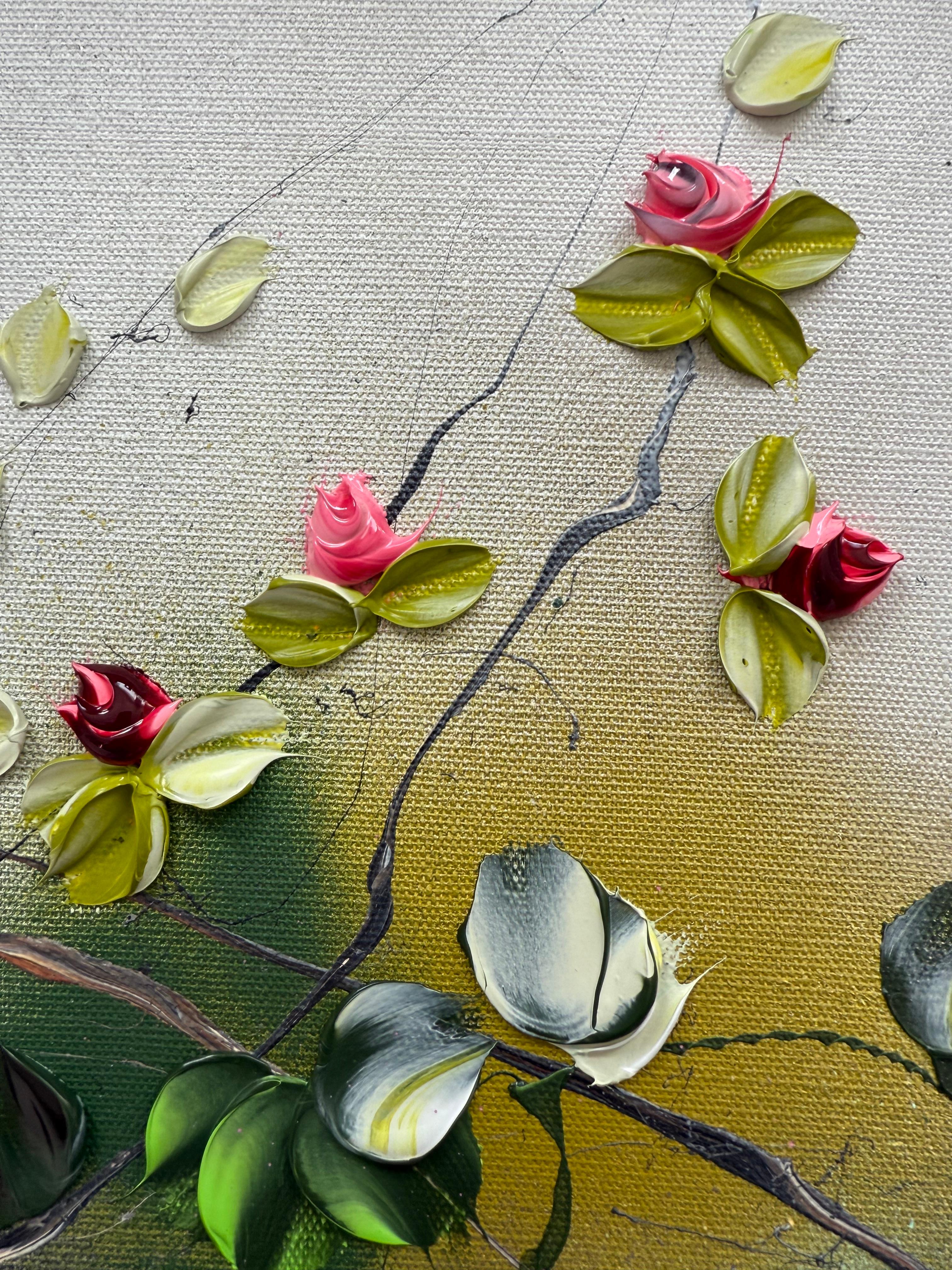 Blooms II -  impressionistic painting on linen canvas with 3d roses For Sale 2