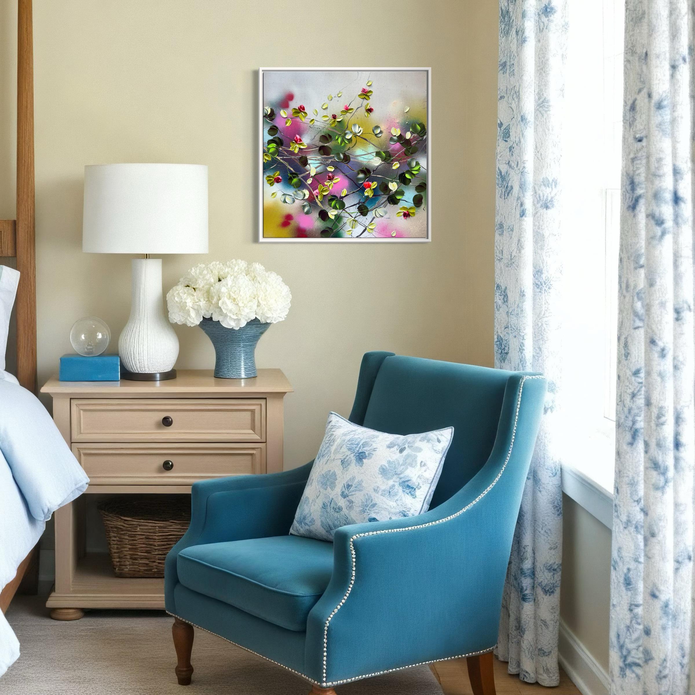 Blooms II -  impressionistic painting on linen canvas with 3d roses For Sale 3