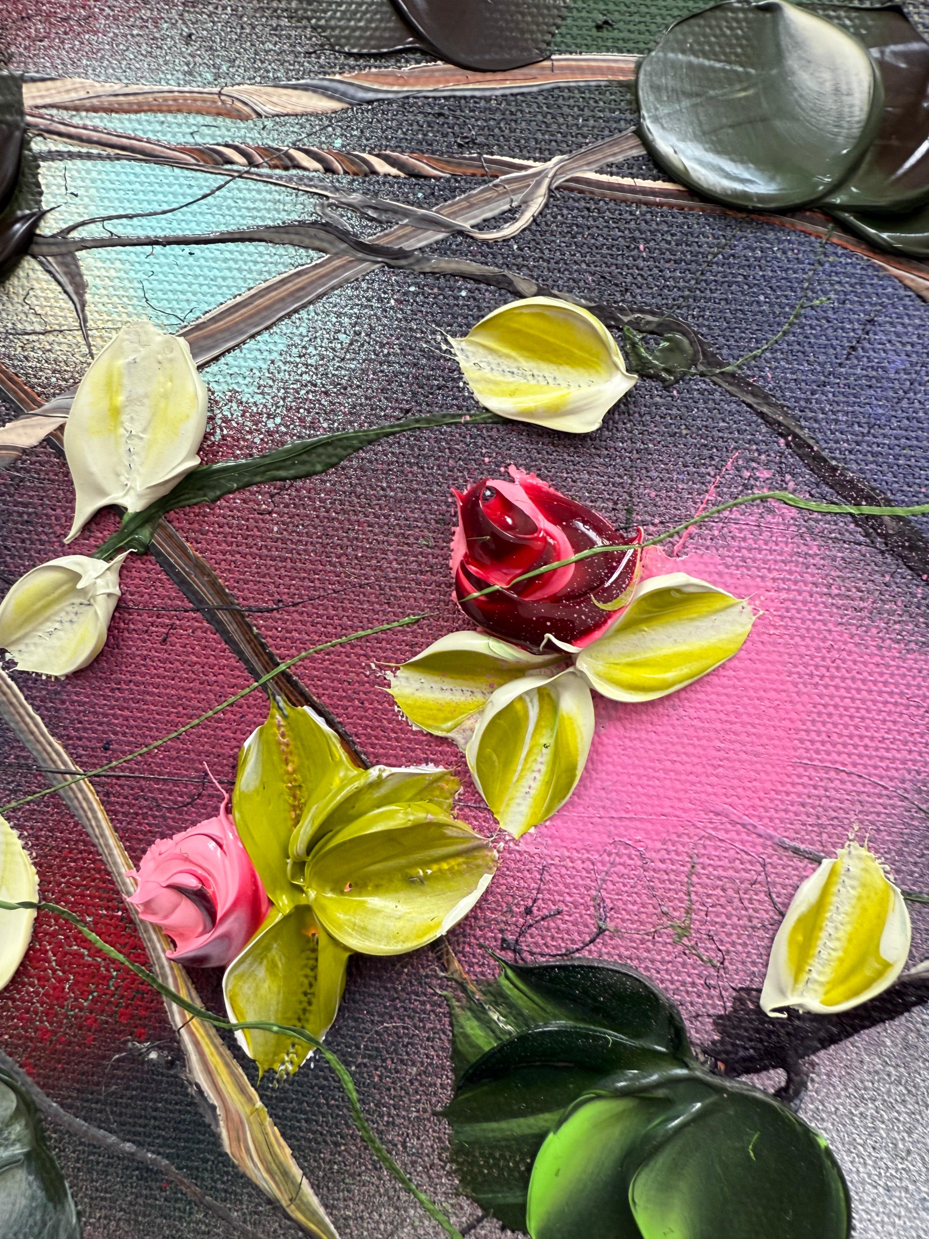 Blooms II -  impressionistic painting on linen canvas with 3d roses For Sale 4
