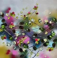 Blooms II -  impressionistic painting on linen canvas with 3d roses