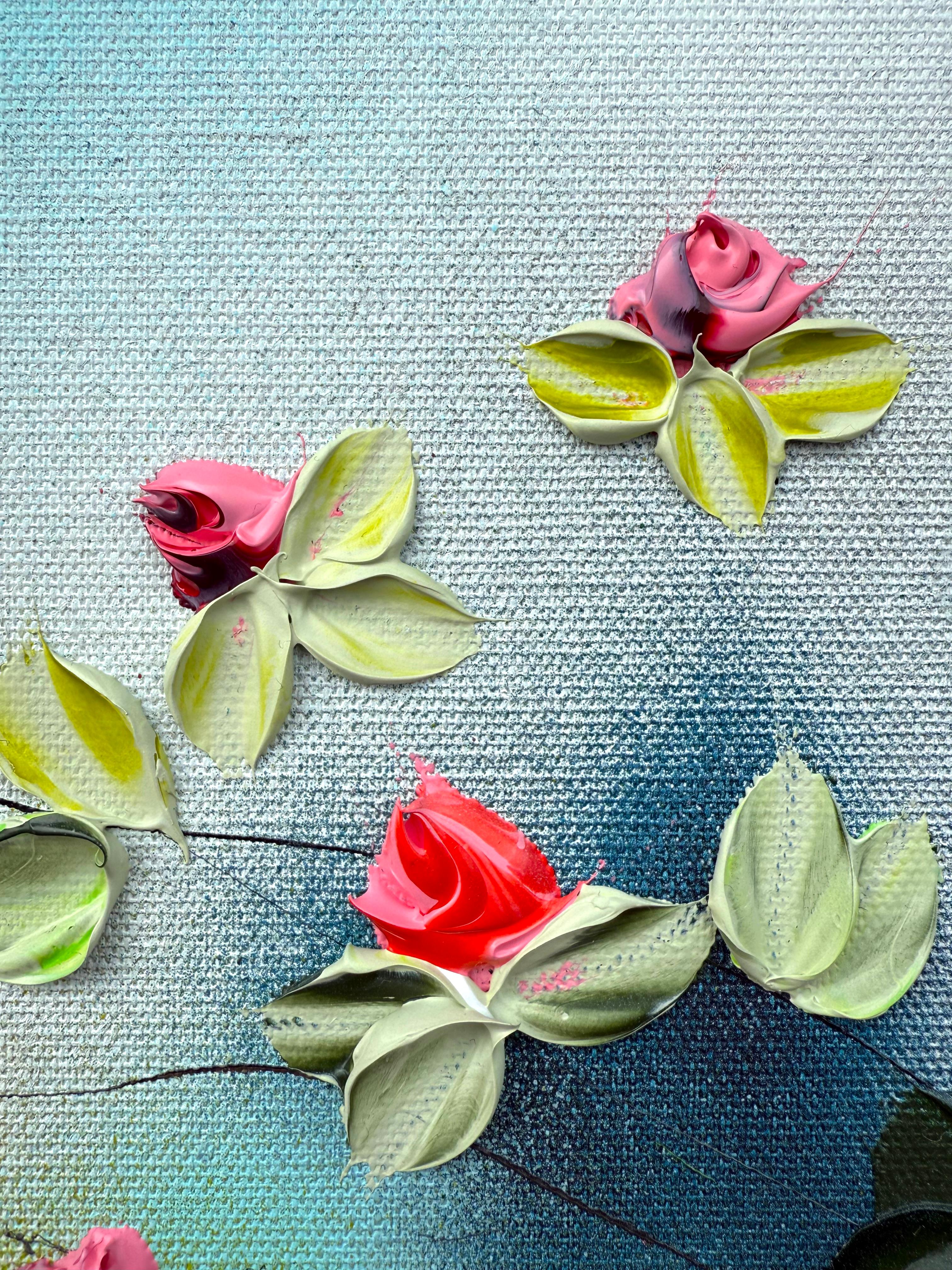 Fioriture III -  dipinto impressionistico su tela di lino con rose in 3d in vendita 8
