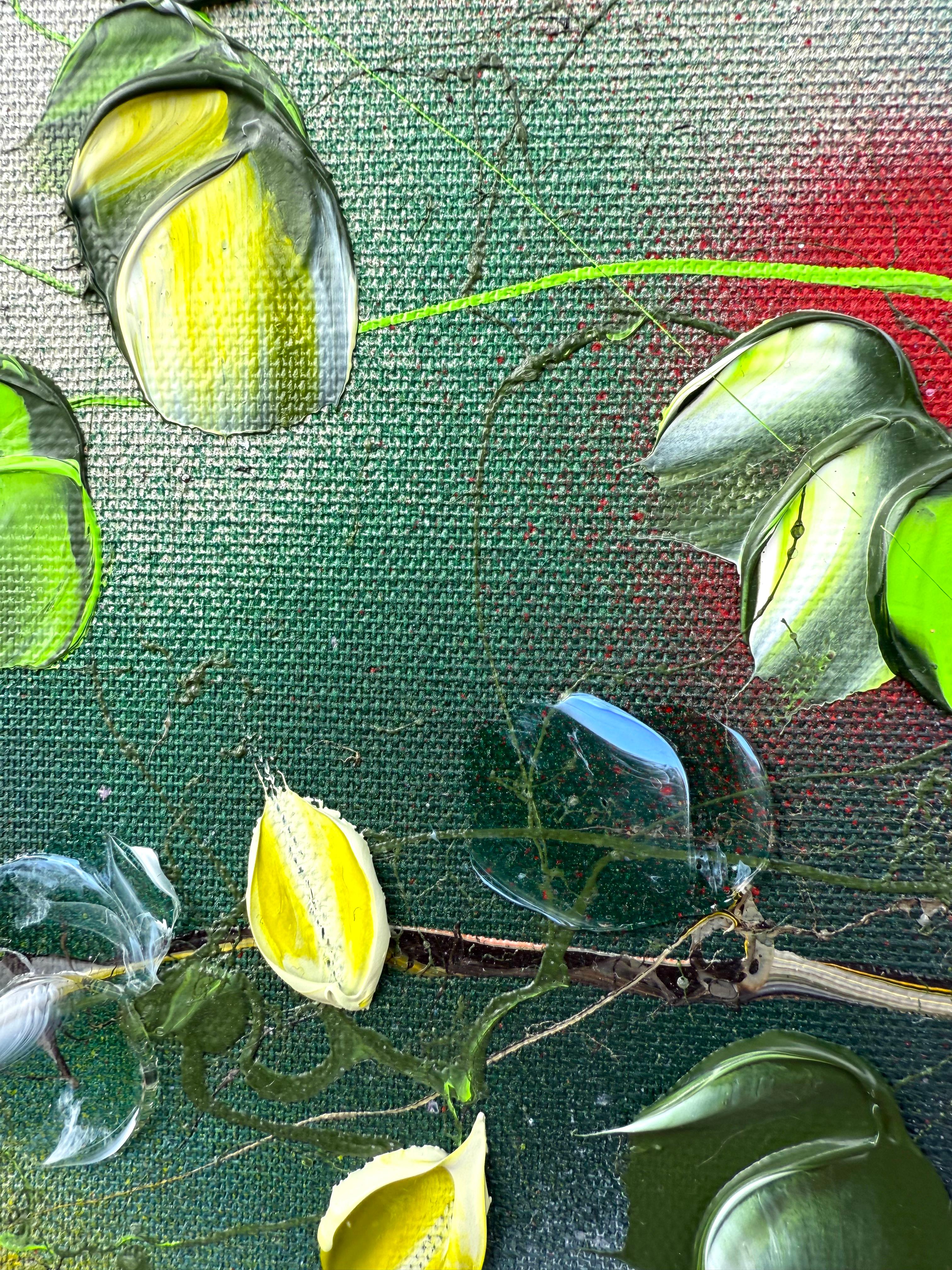 Fioriture III -  dipinto impressionistico su tela di lino con rose in 3d in vendita 9