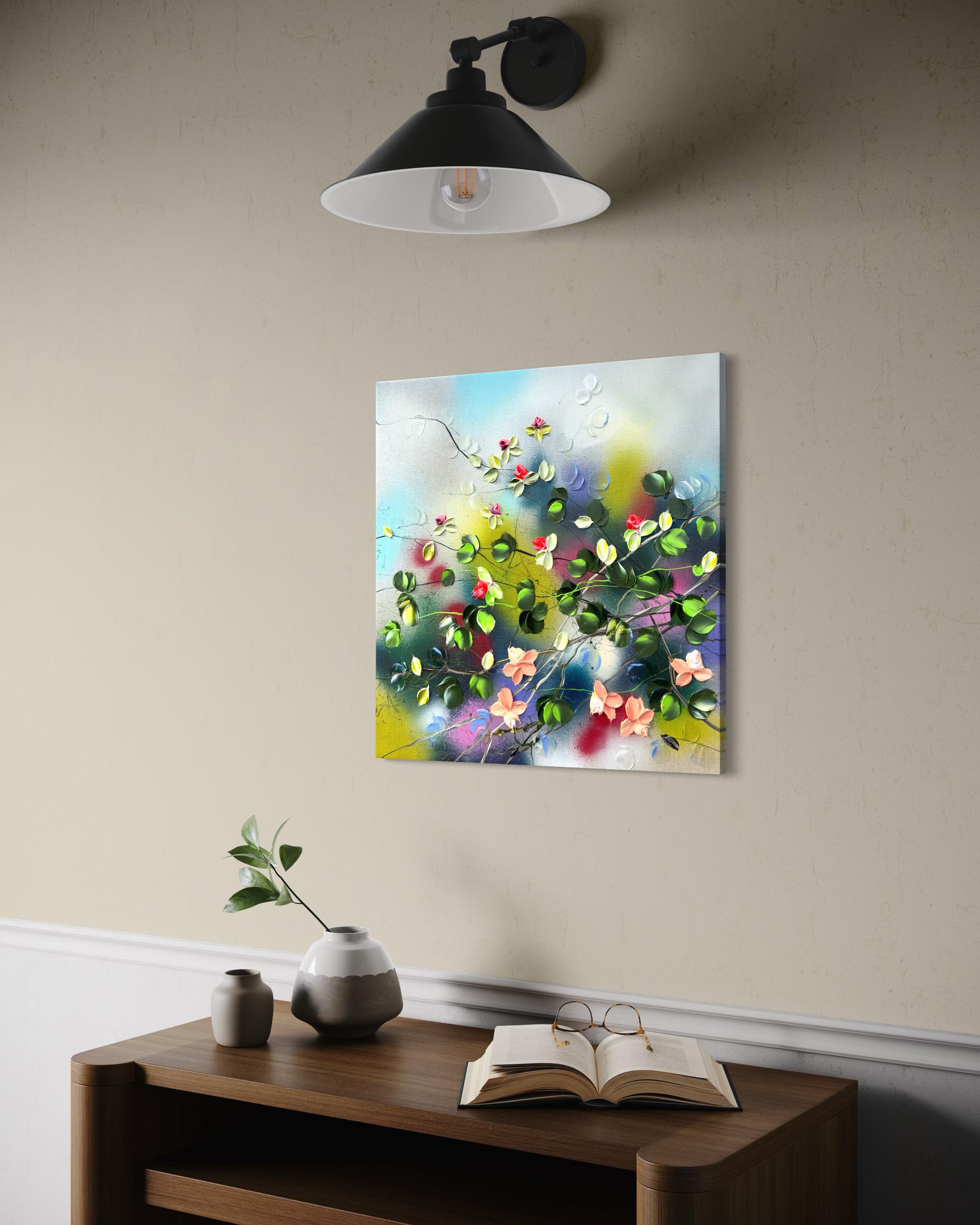 Fioriture III -  dipinto impressionistico su tela di lino con rose in 3d in vendita 12