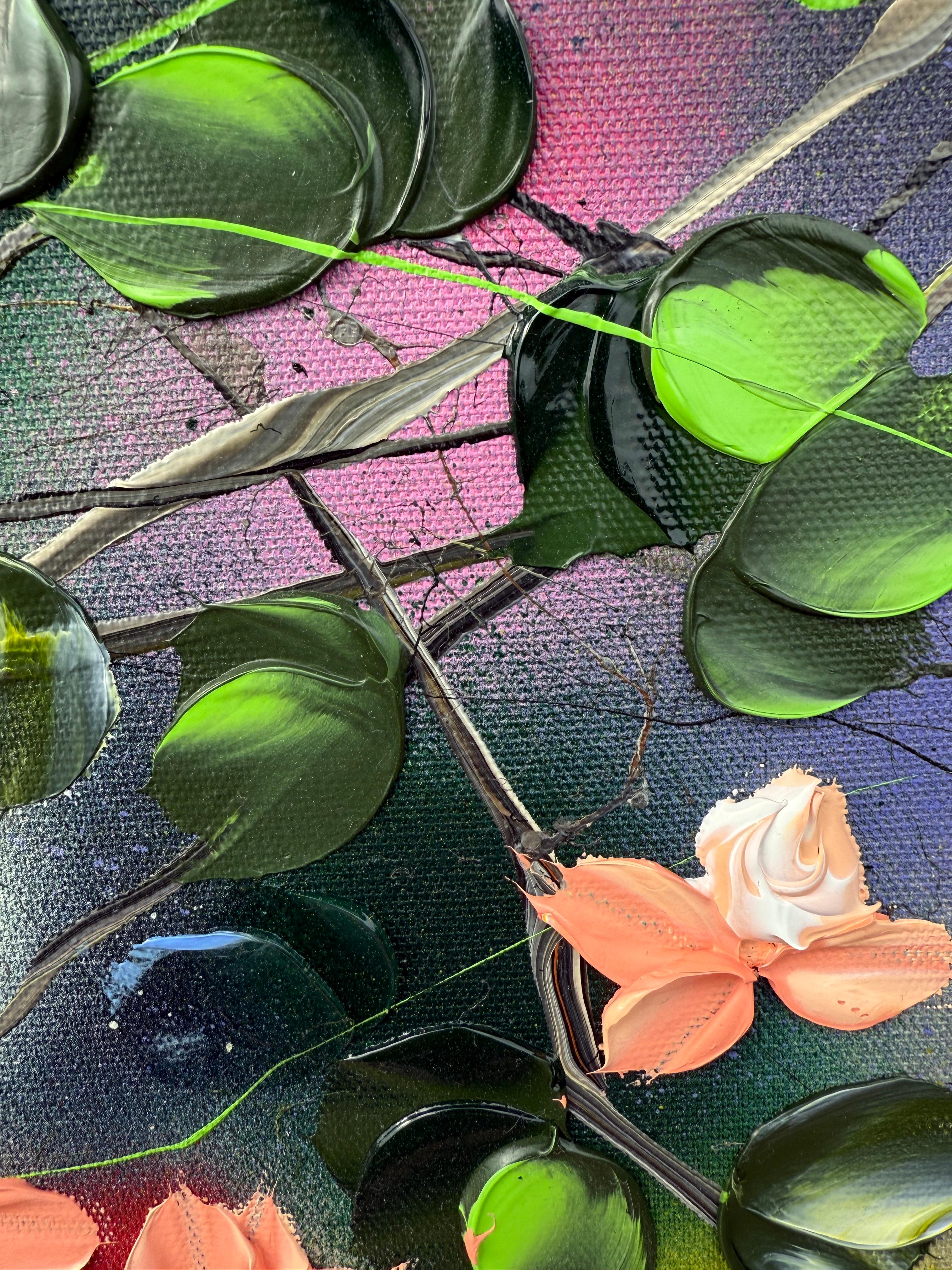 Fioriture III -  dipinto impressionistico su tela di lino con rose in 3d in vendita 13