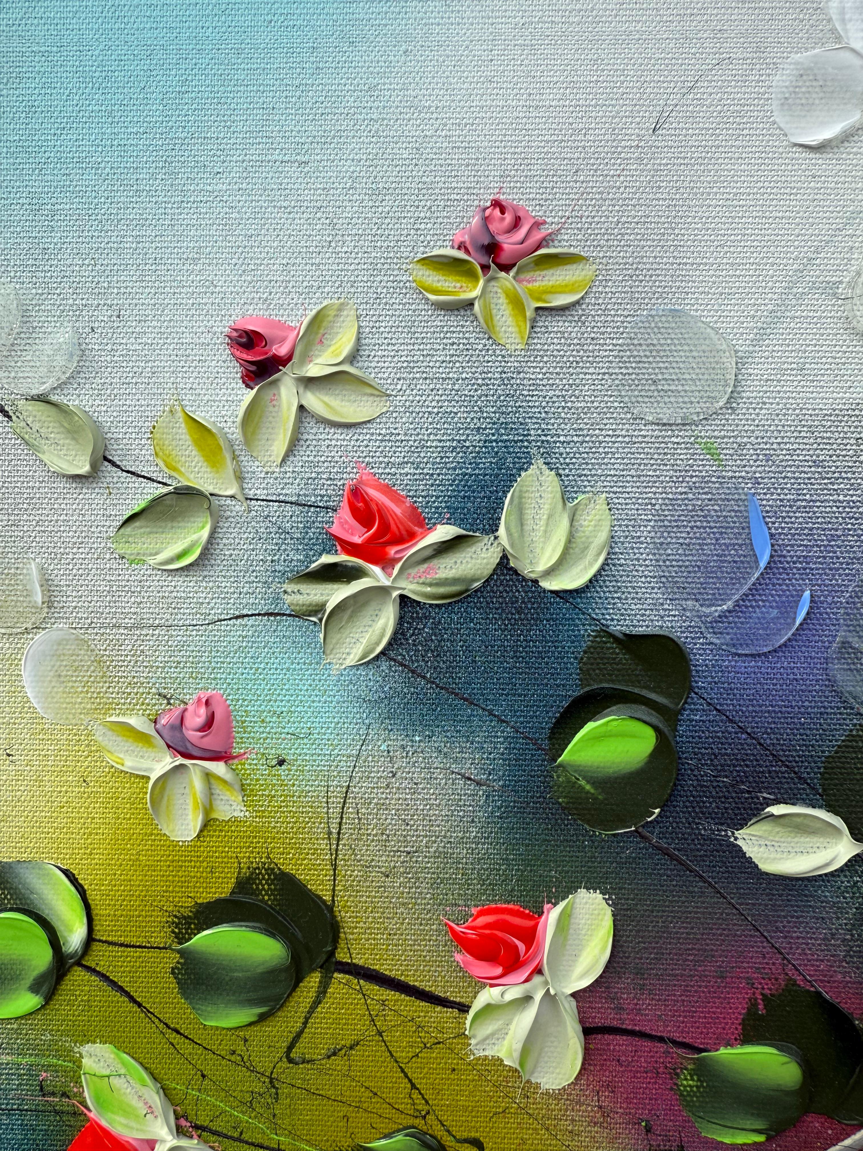 Fioriture III -  dipinto impressionistico su tela di lino con rose in 3d - Painting di Anastassia Skopp