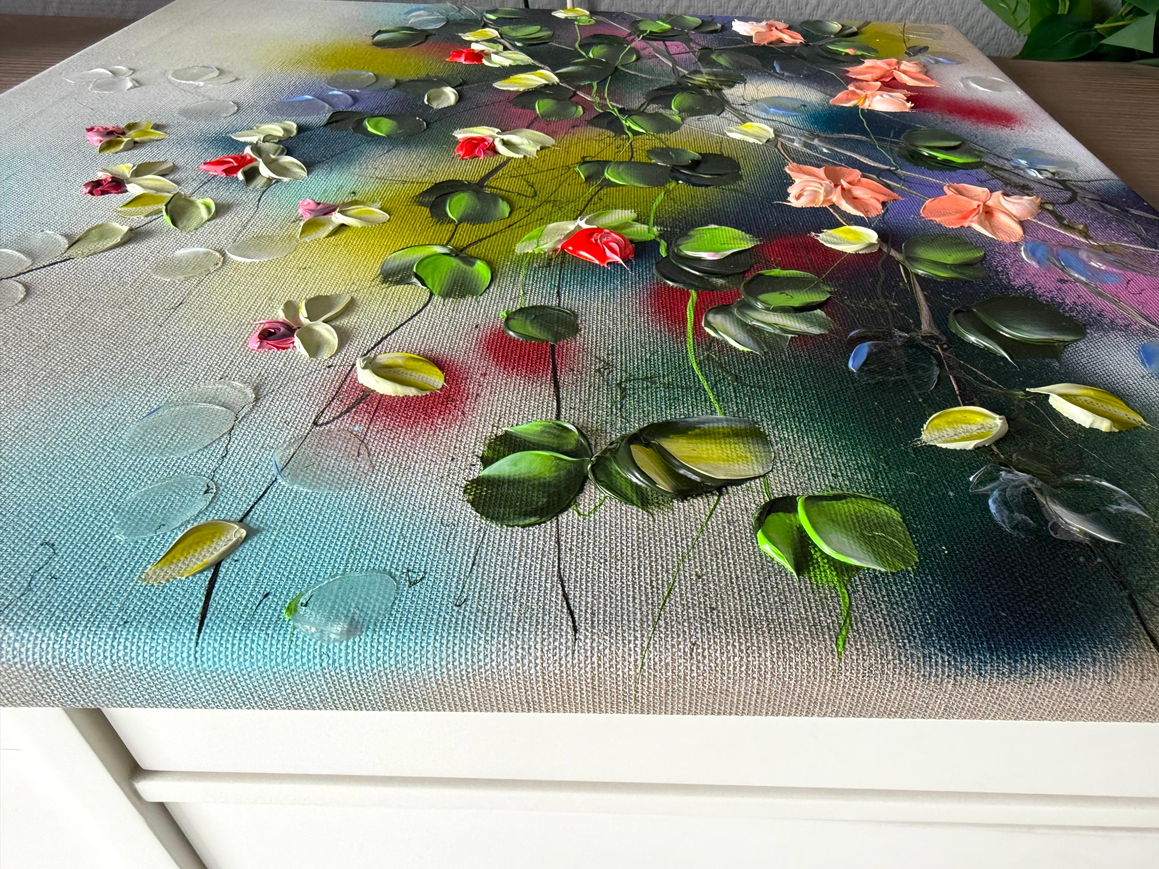 Fioriture III -  dipinto impressionistico su tela di lino con rose in 3d - Painting Impressionismo astratto di Anastassia Skopp