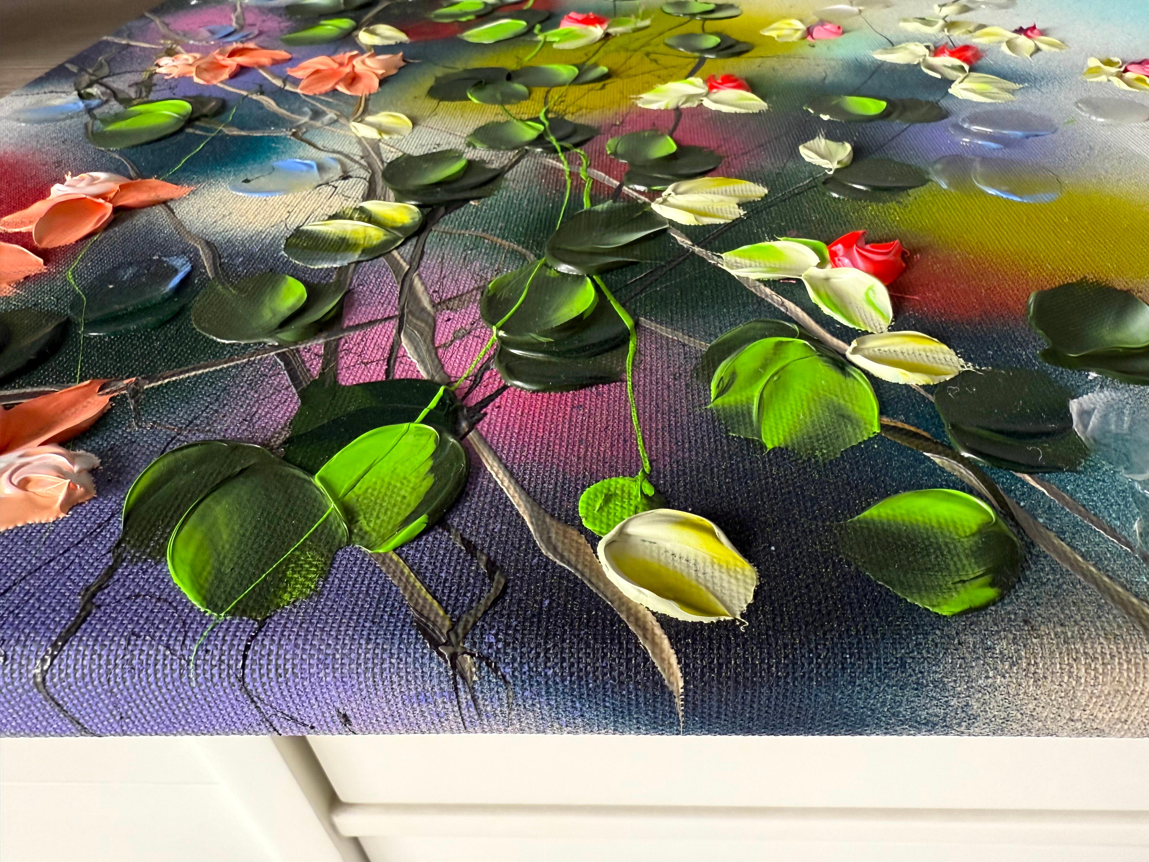 Fioriture III -  dipinto impressionistico su tela di lino con rose in 3d - Figurative Painting Grigio di Anastassia Skopp