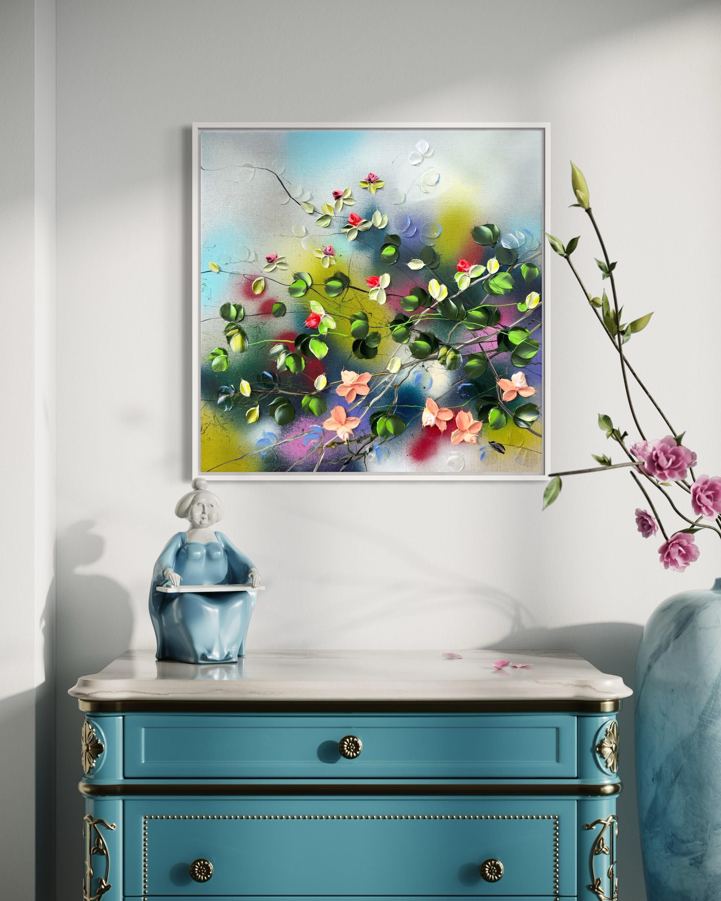 Acrilico su tela di lino, 50x50x2 cm / 19,7x19,7x0,8 in.

Questo quadro presenta una composizione serena di rose rosse e rosa, che cattura l'essenza della tranquillità e dell'autocontrollo. Le delicate rose, con le loro tonalità vivaci, si