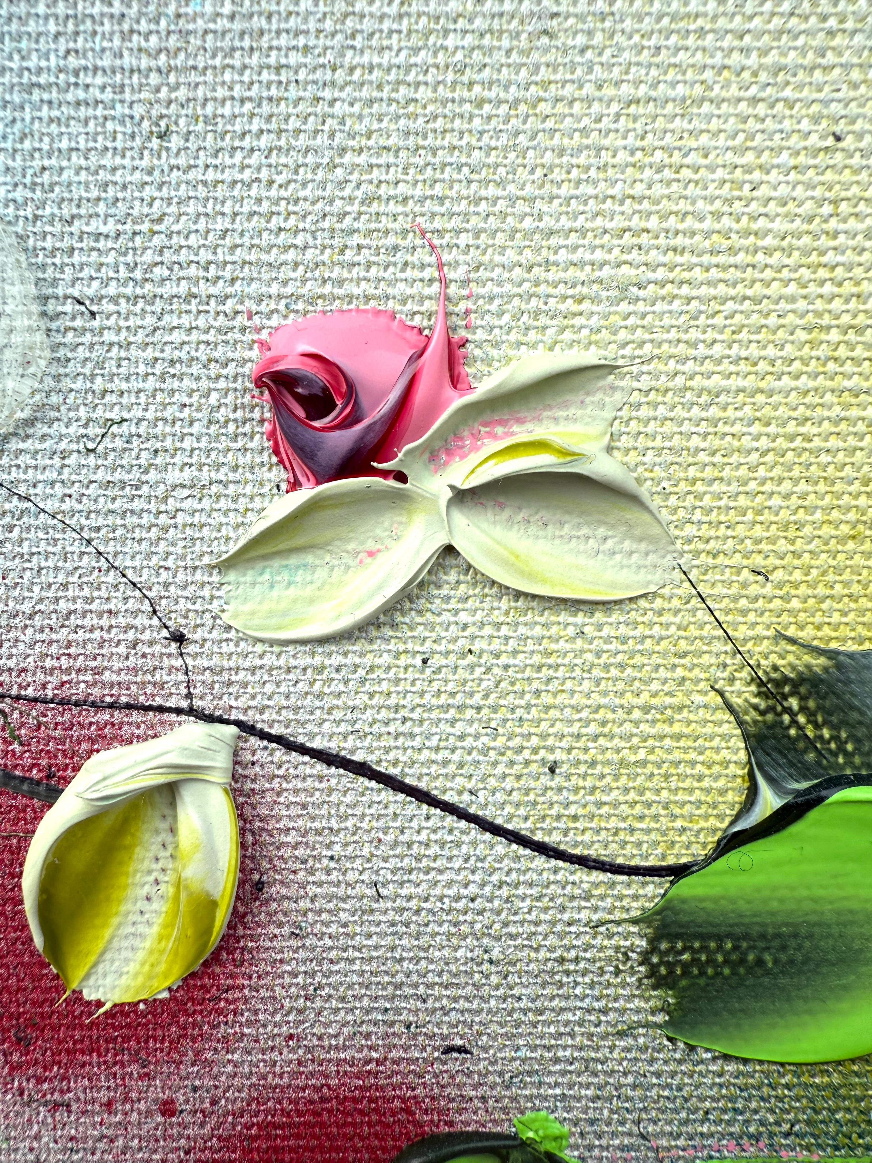 Fioriture III -  dipinto impressionistico su tela di lino con rose in 3d in vendita 2