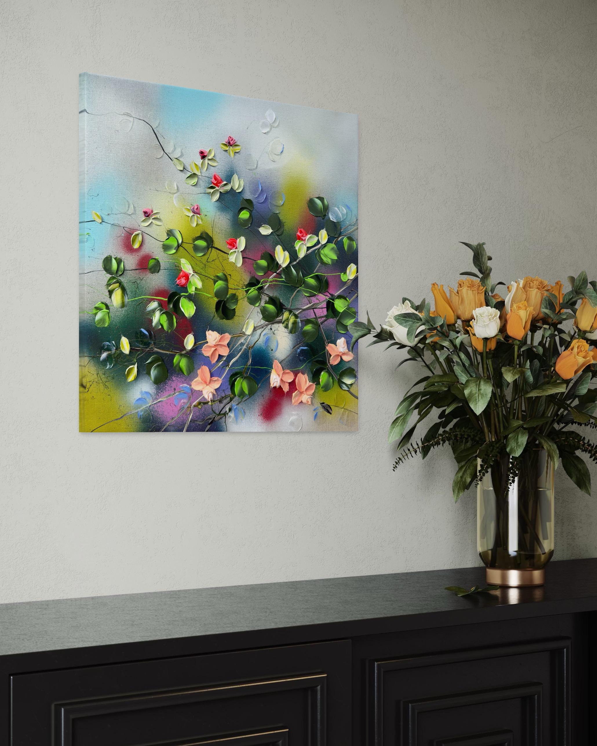 Fioriture III -  dipinto impressionistico su tela di lino con rose in 3d in vendita 3