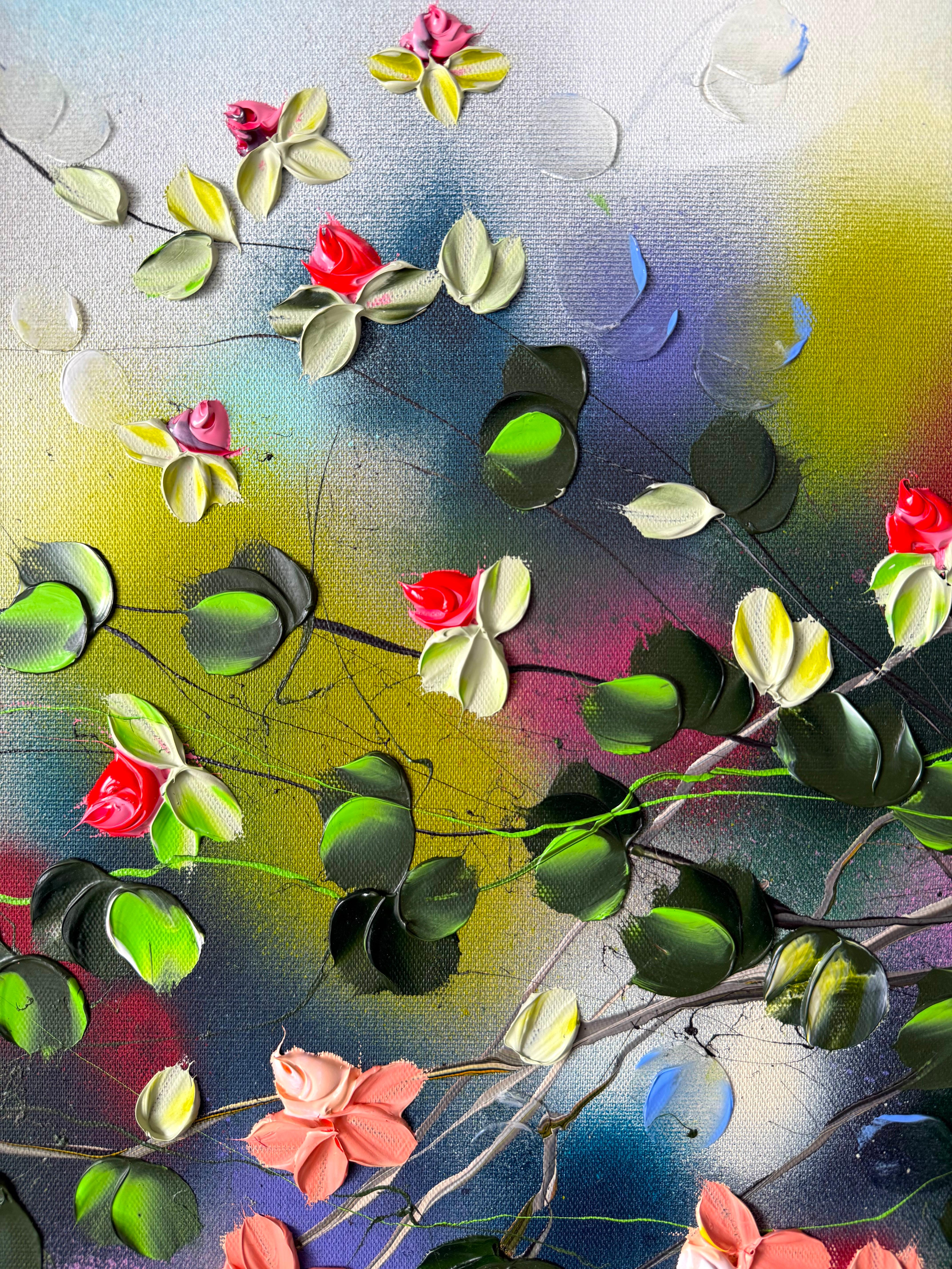 Fioriture III -  dipinto impressionistico su tela di lino con rose in 3d in vendita 4