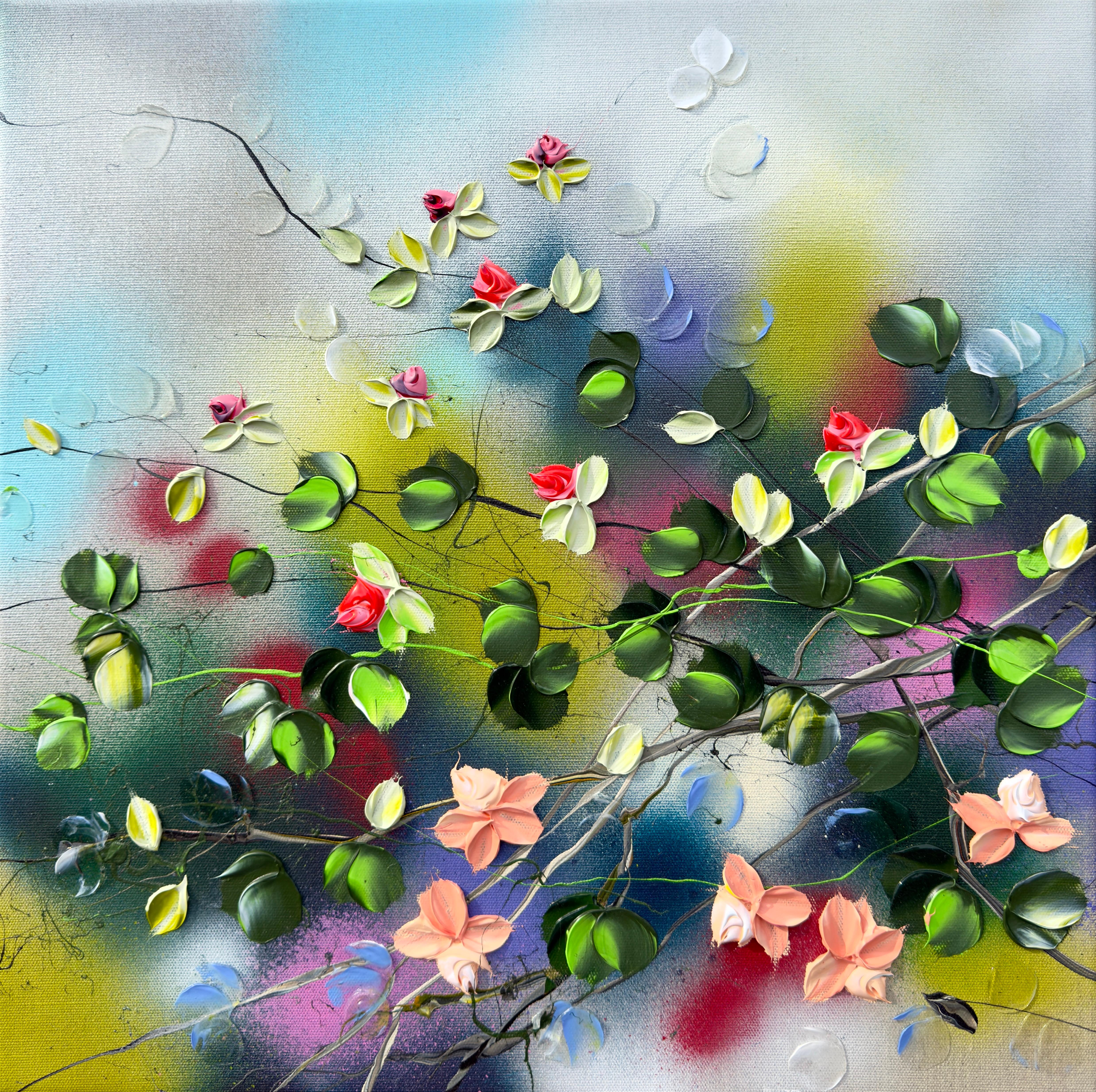 Blooms III  peinture impressionniste sur toile de lin avec roses 3d