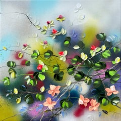 Blooms III -  impressionistic painting on linen canvas with 3d roses