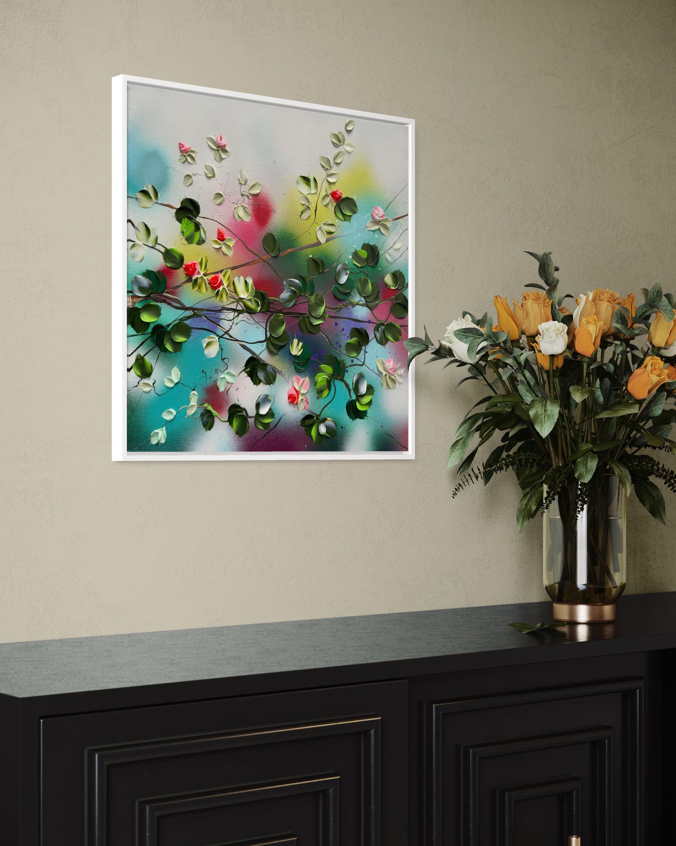 Blooms IV -  impressionistic painting on linen canvas with 3d roses For Sale 6