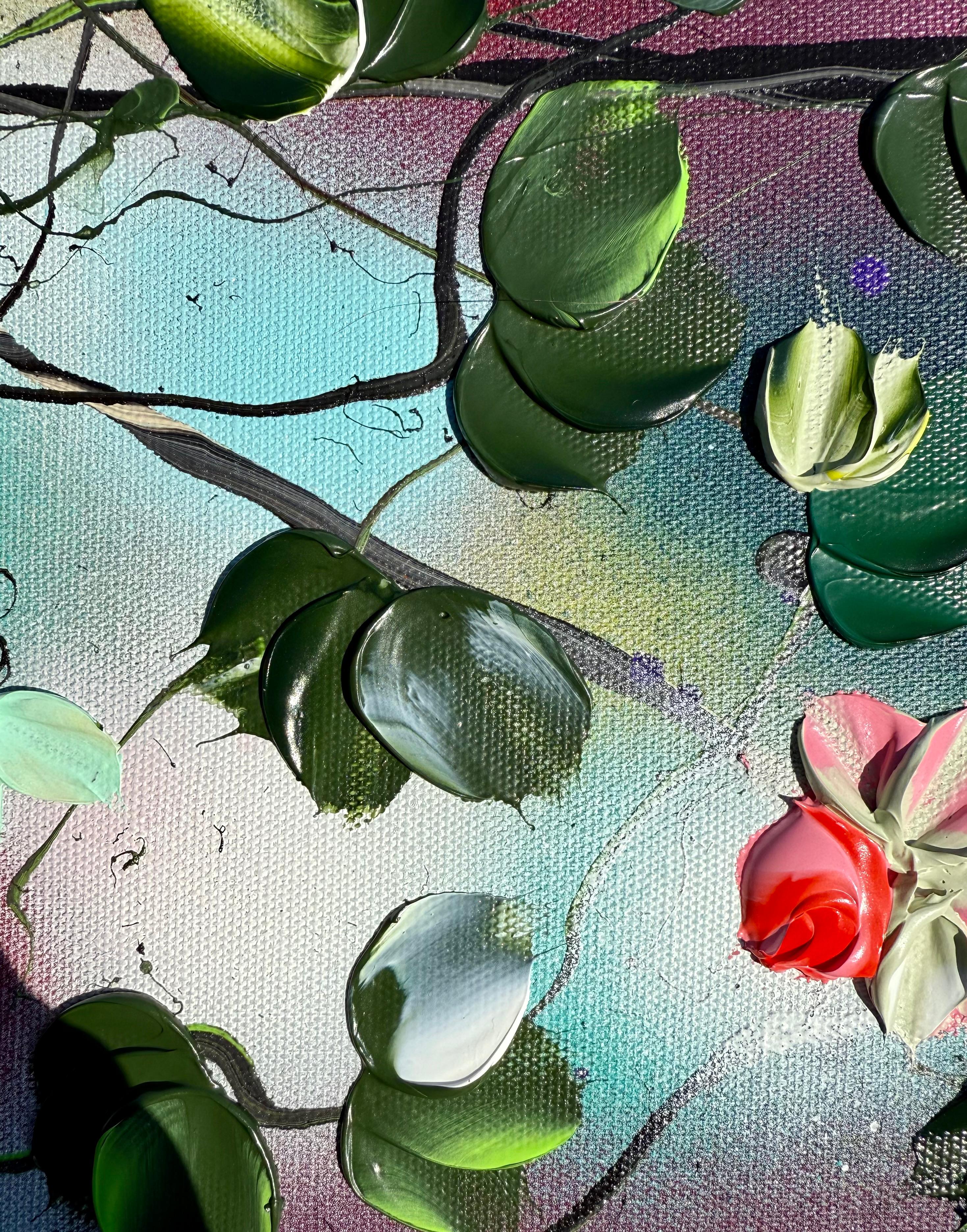 Blooms IV -  impressionistic painting on linen canvas with 3d roses For Sale 7
