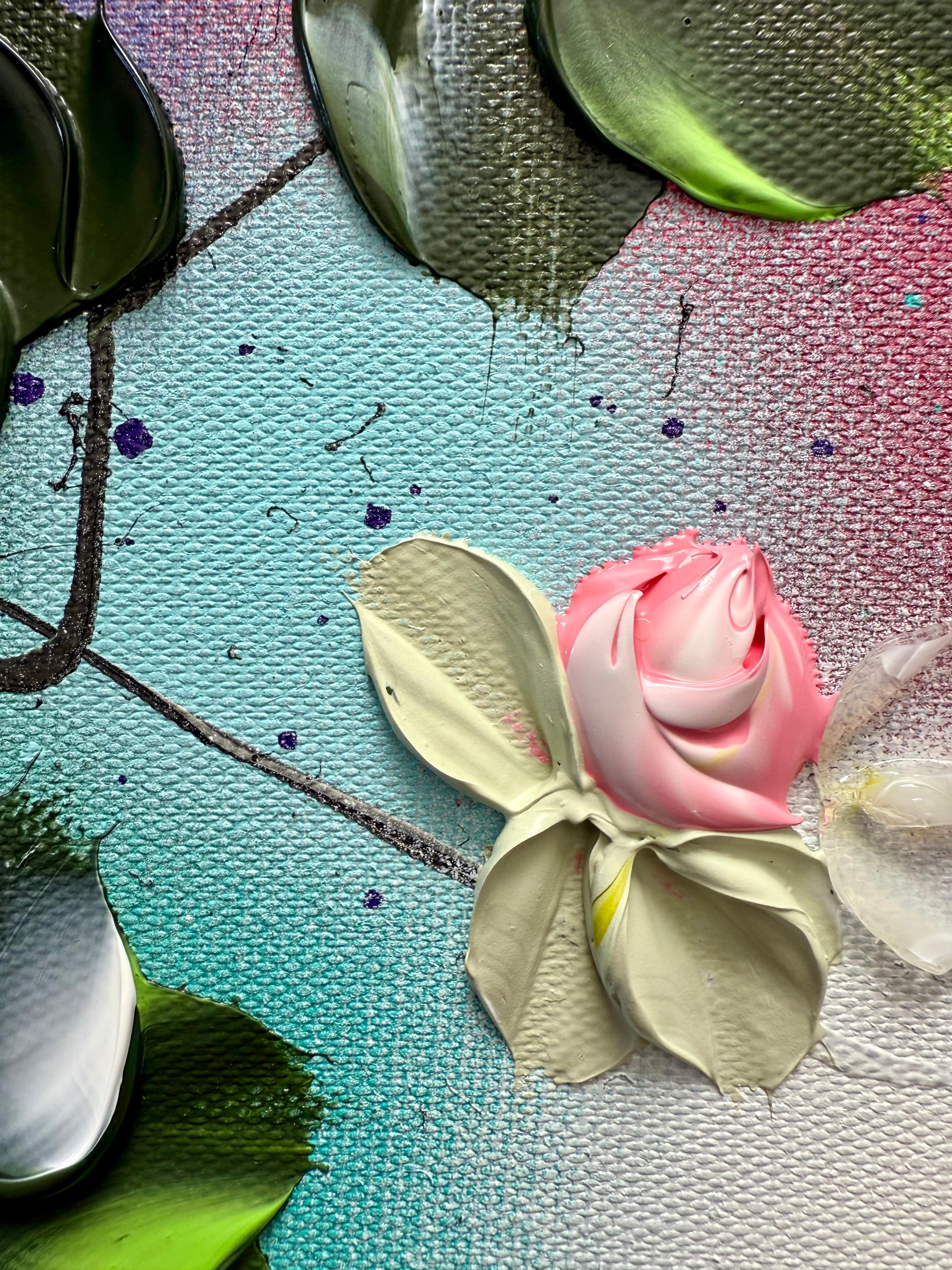 Blooms IV -  impressionistic painting on linen canvas with 3d roses For Sale 8
