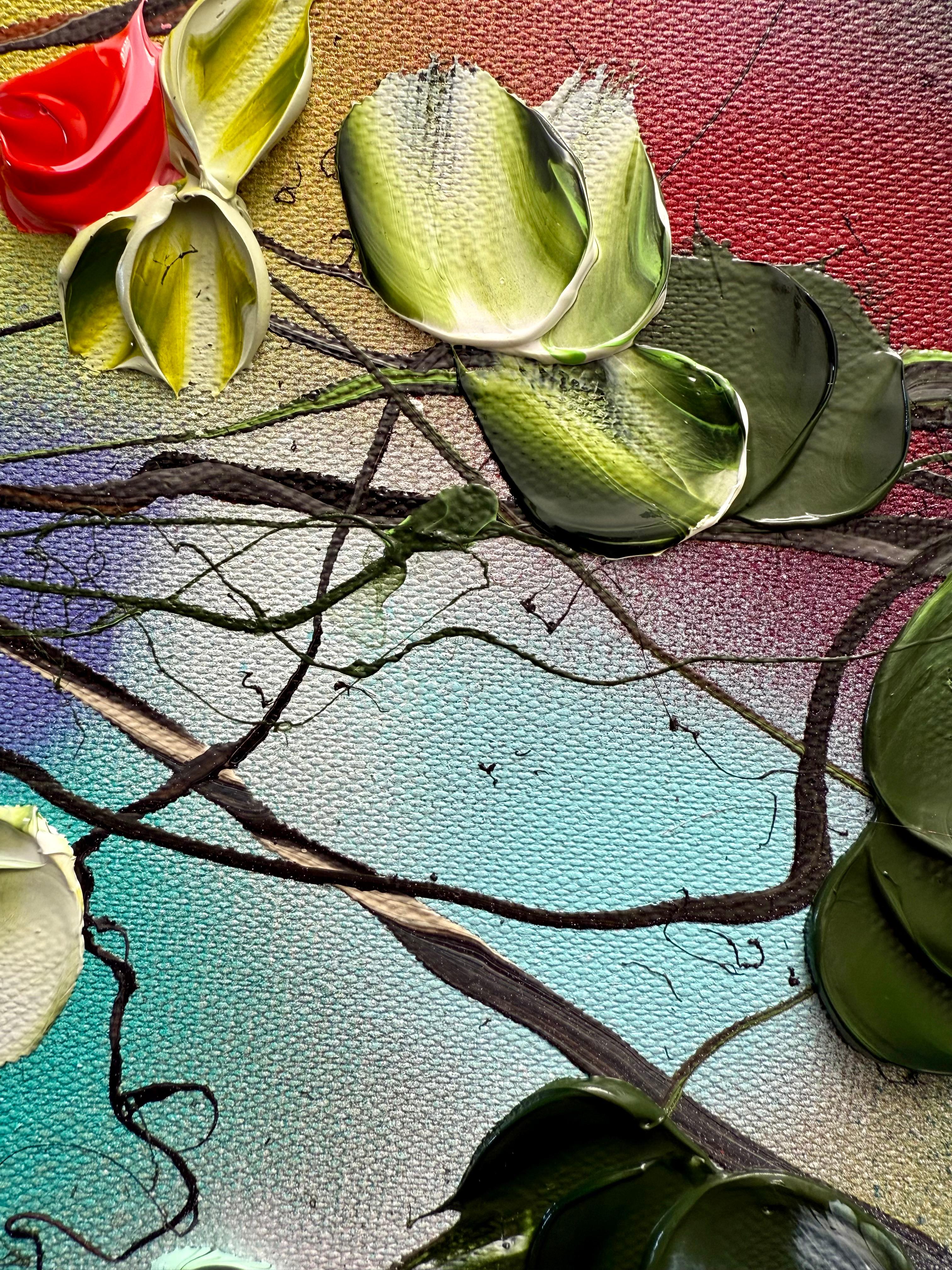 Blooms IV -  impressionistic painting on linen canvas with 3d roses For Sale 10