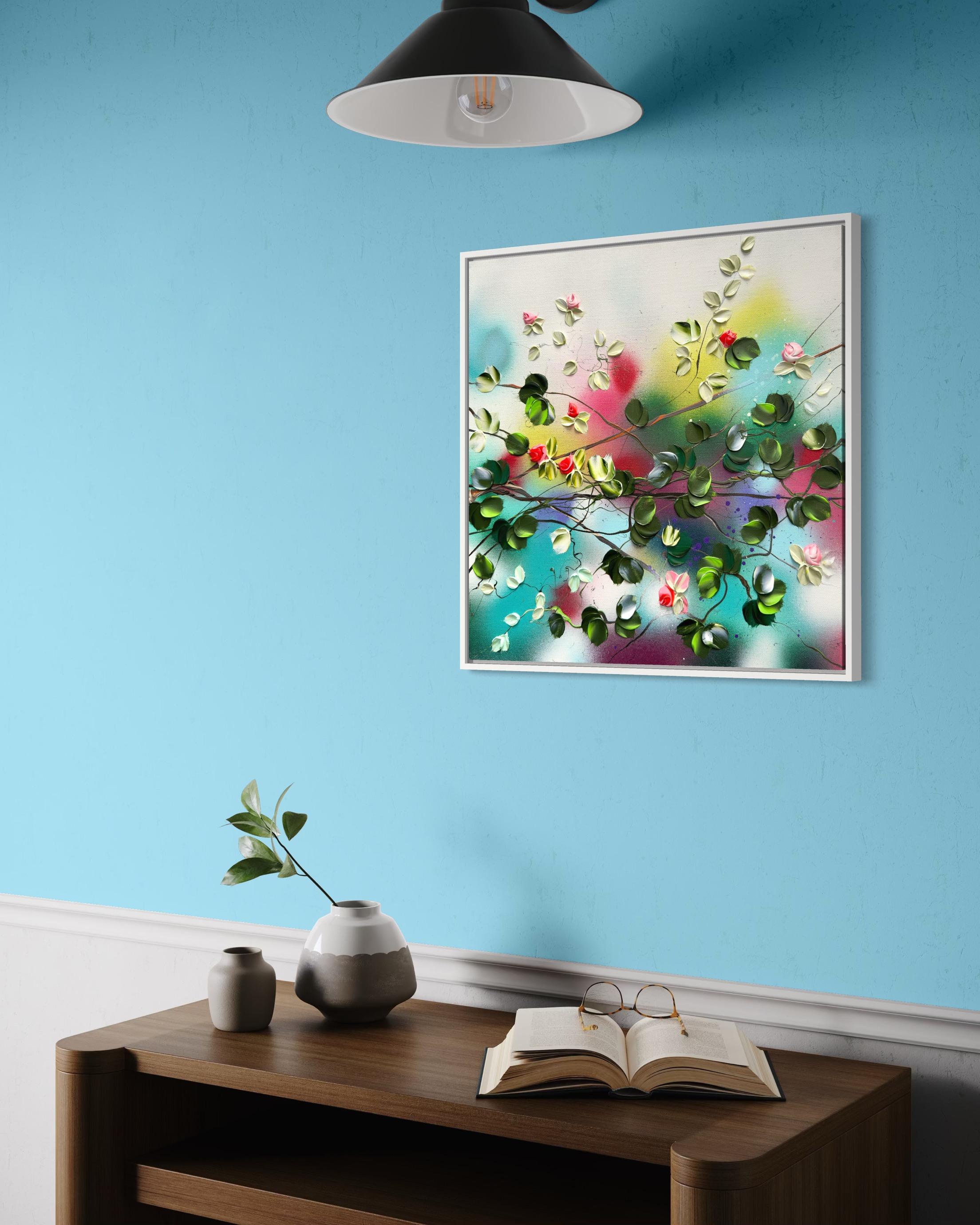 Blooms IV -  impressionistic painting on linen canvas with 3d roses For Sale 12