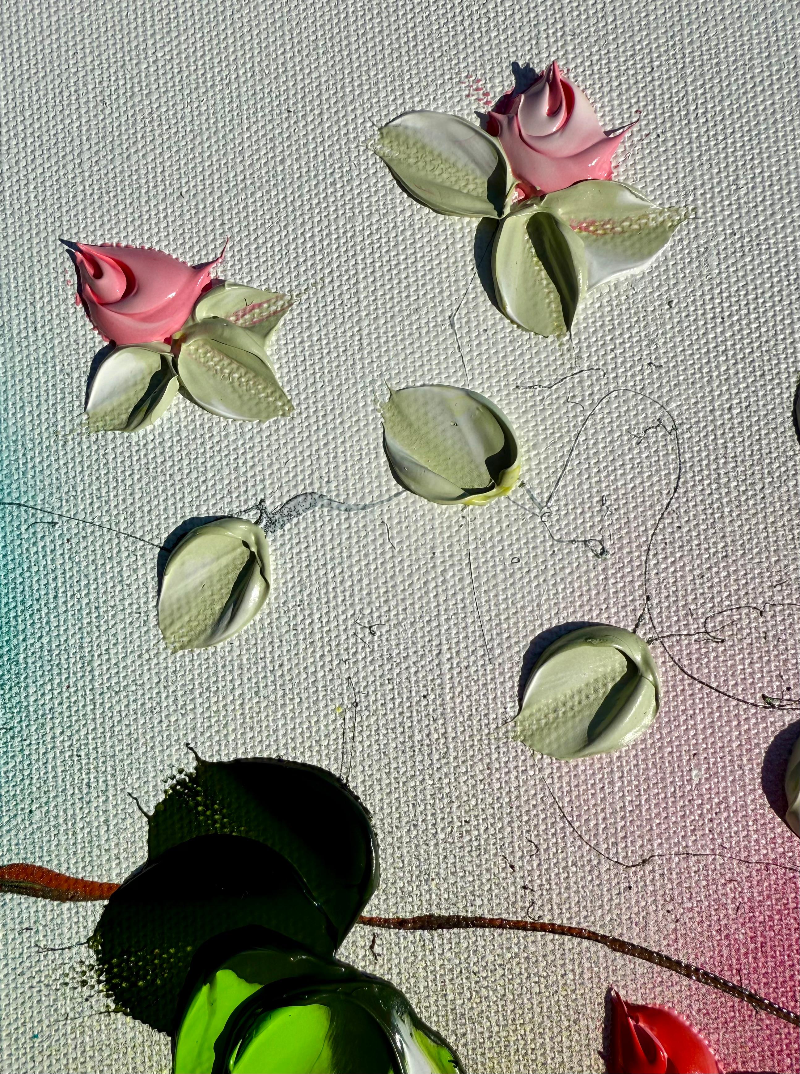 Blooms IV -  impressionistic painting on linen canvas with 3d roses For Sale 13
