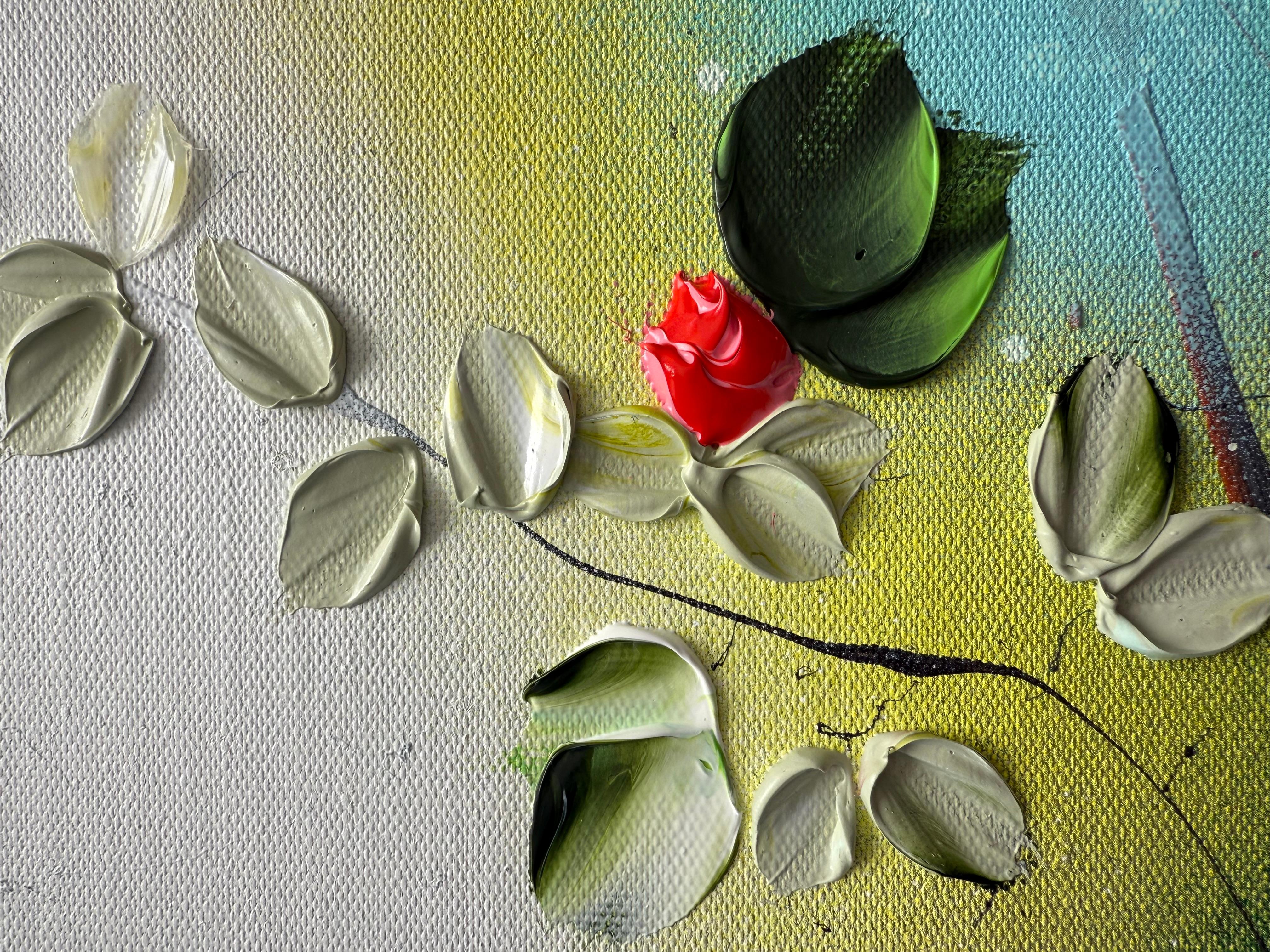 Blooms IV -  impressionistic painting on linen canvas with 3d roses For Sale 14