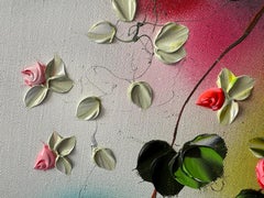 Blooms IV -  impressionistic painting on linen canvas with 3d roses