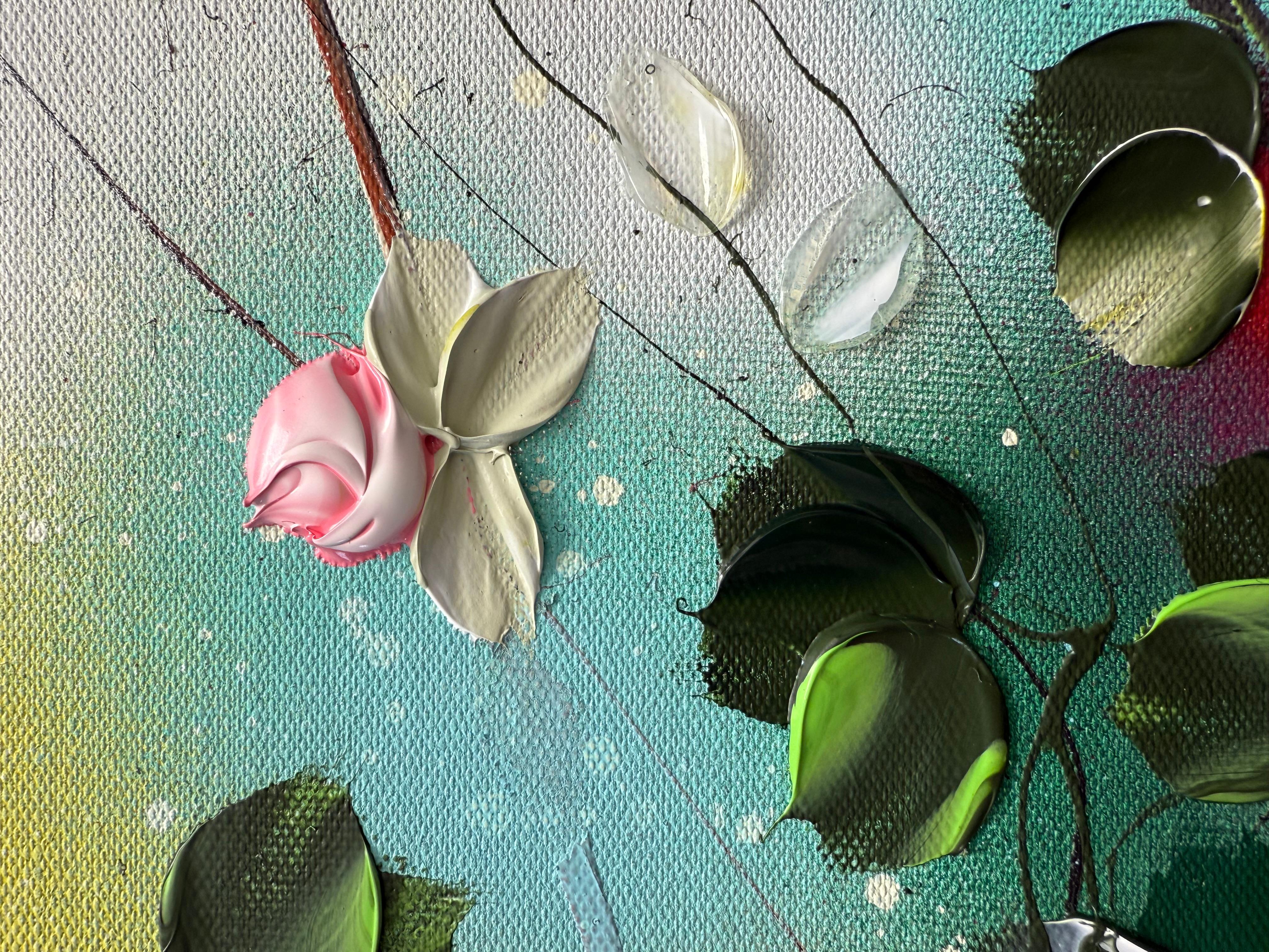Blooms IV -  impressionistic painting on linen canvas with 3d roses - Abstract Impressionist Painting by Anastassia Skopp