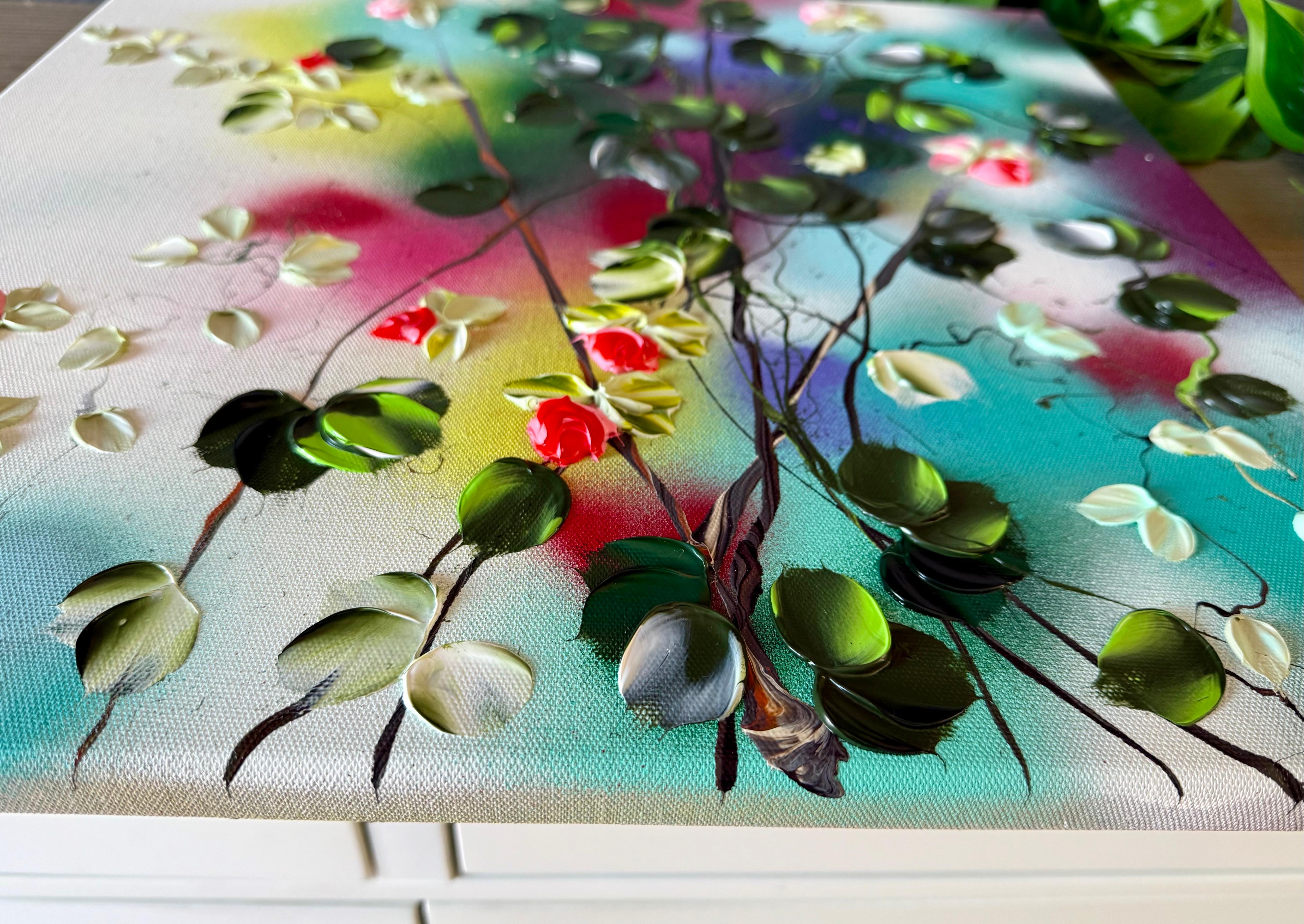 Blooms IV -  impressionistic painting on linen canvas with 3d roses - Gray Abstract Painting by Anastassia Skopp