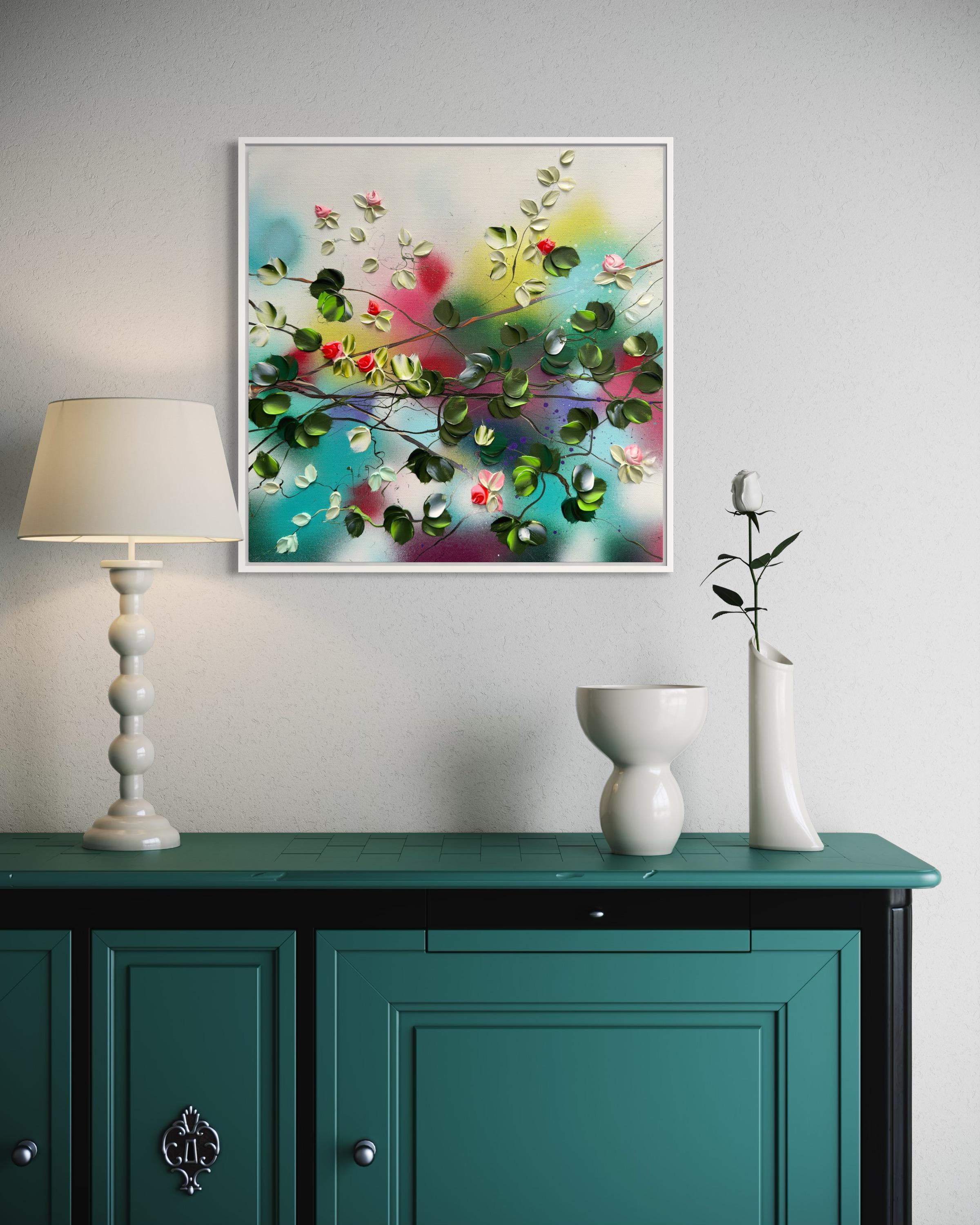 Acrylic on linen canvas, 50x50x2 cm / 19,7x19,7x0,8 in.

This painting features a serene composition of red and pink roses, capturing the essence of tranquility and self-contentment. The delicate roses, with their vibrant hues, are set against the