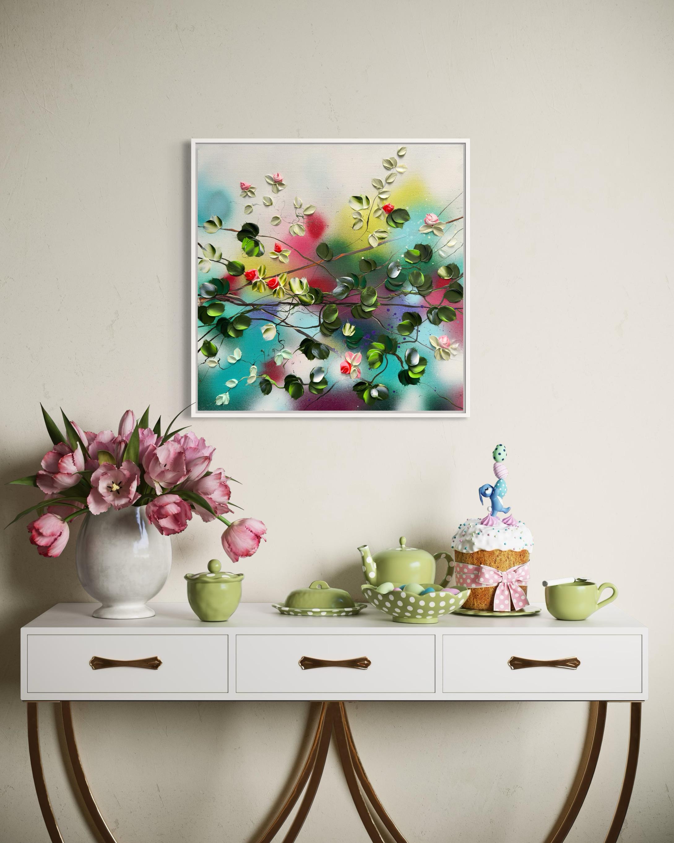 Blooms IV -  impressionistic painting on linen canvas with 3d roses For Sale 1