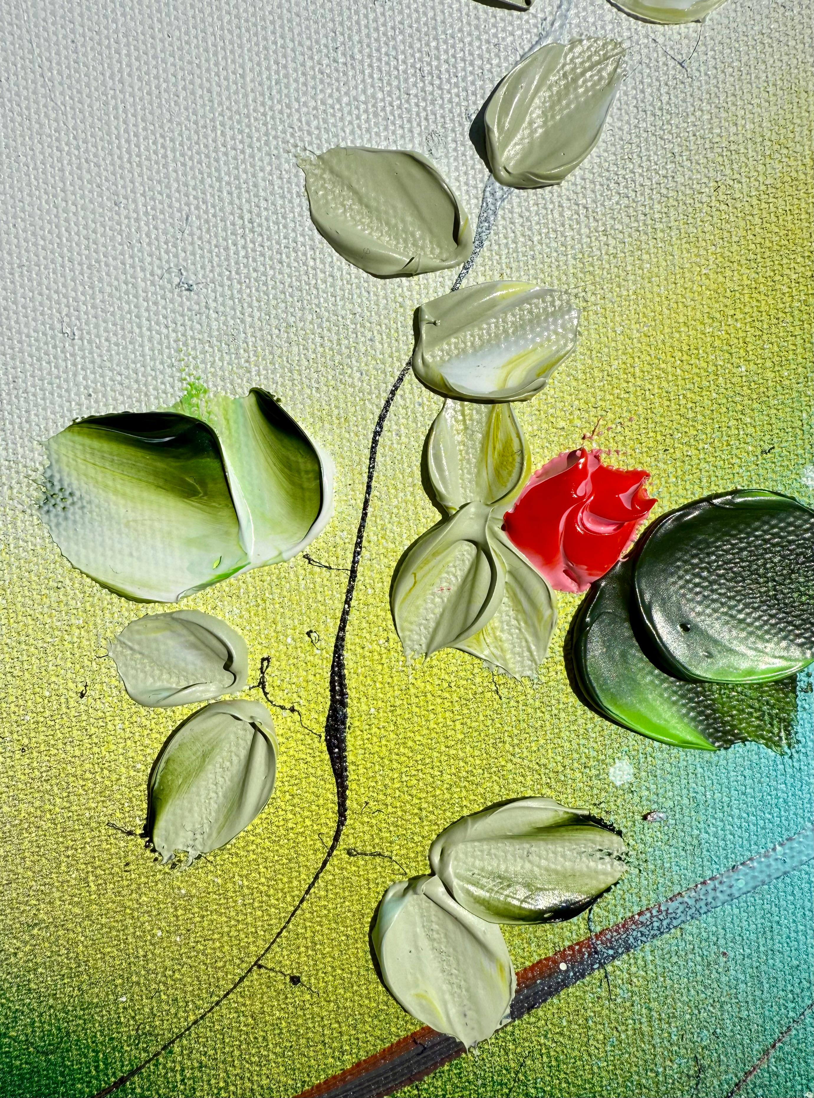Blooms IV -  impressionistic painting on linen canvas with 3d roses For Sale 2
