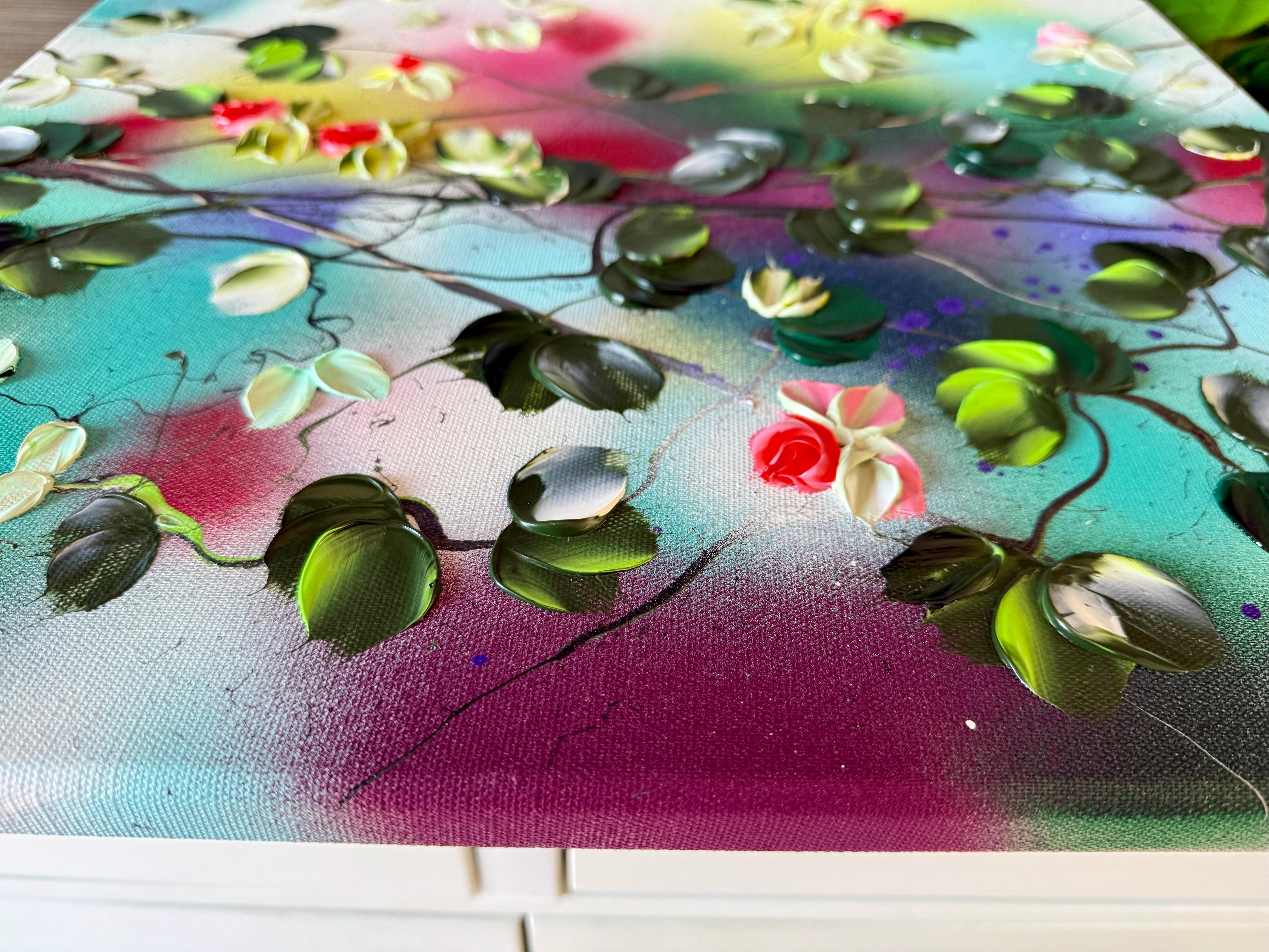 Blooms IV -  impressionistic painting on linen canvas with 3d roses For Sale 3