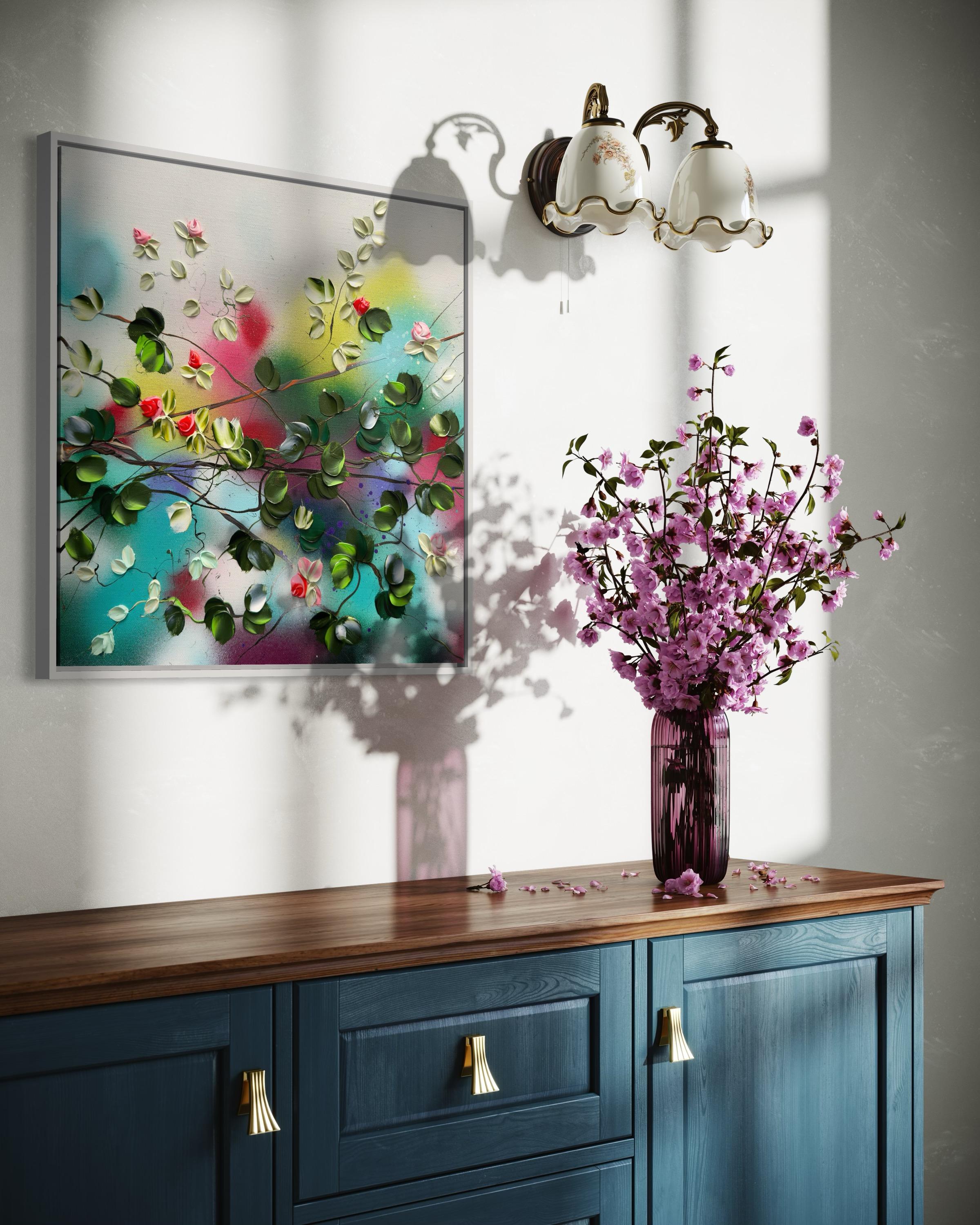Blooms IV -  impressionistic painting on linen canvas with 3d roses For Sale 4