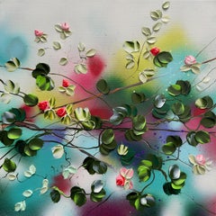 Blooms IV -  impressionistic painting on linen canvas with 3d roses