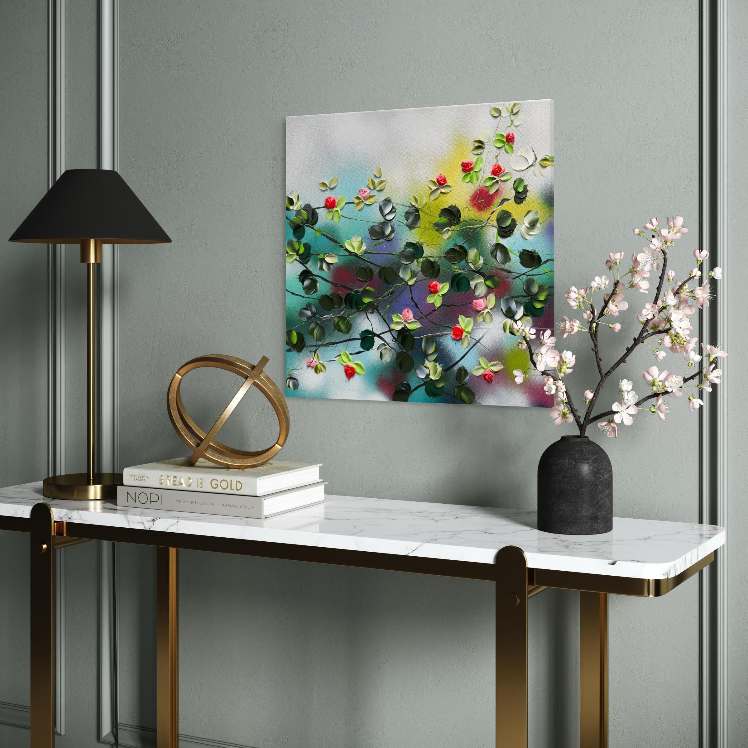 Blooms V -  colorful impressionistic painting on linen canvas with 3d roses For Sale 5
