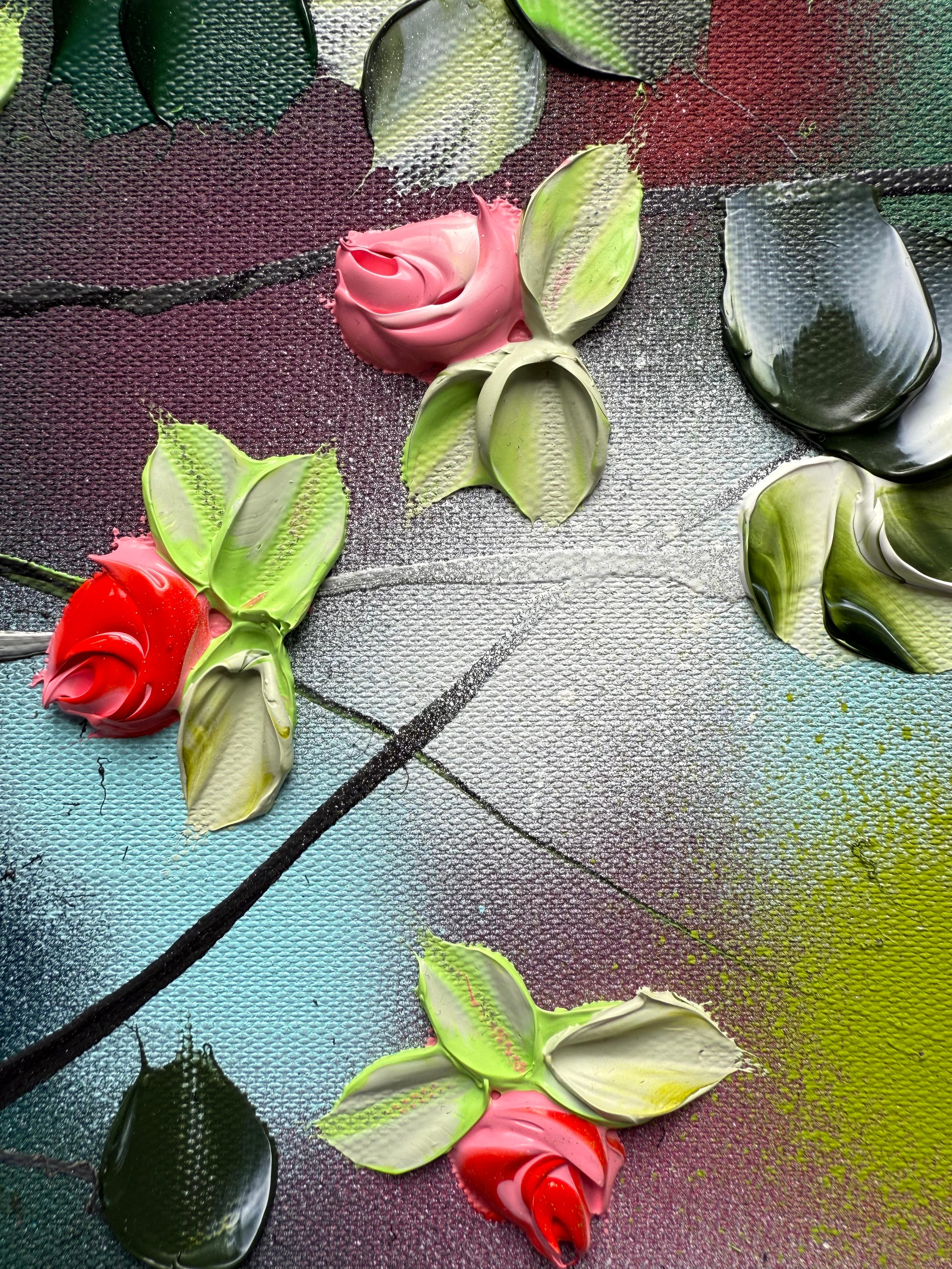 Blooms V -  colorful impressionistic painting on linen canvas with 3d roses For Sale 6