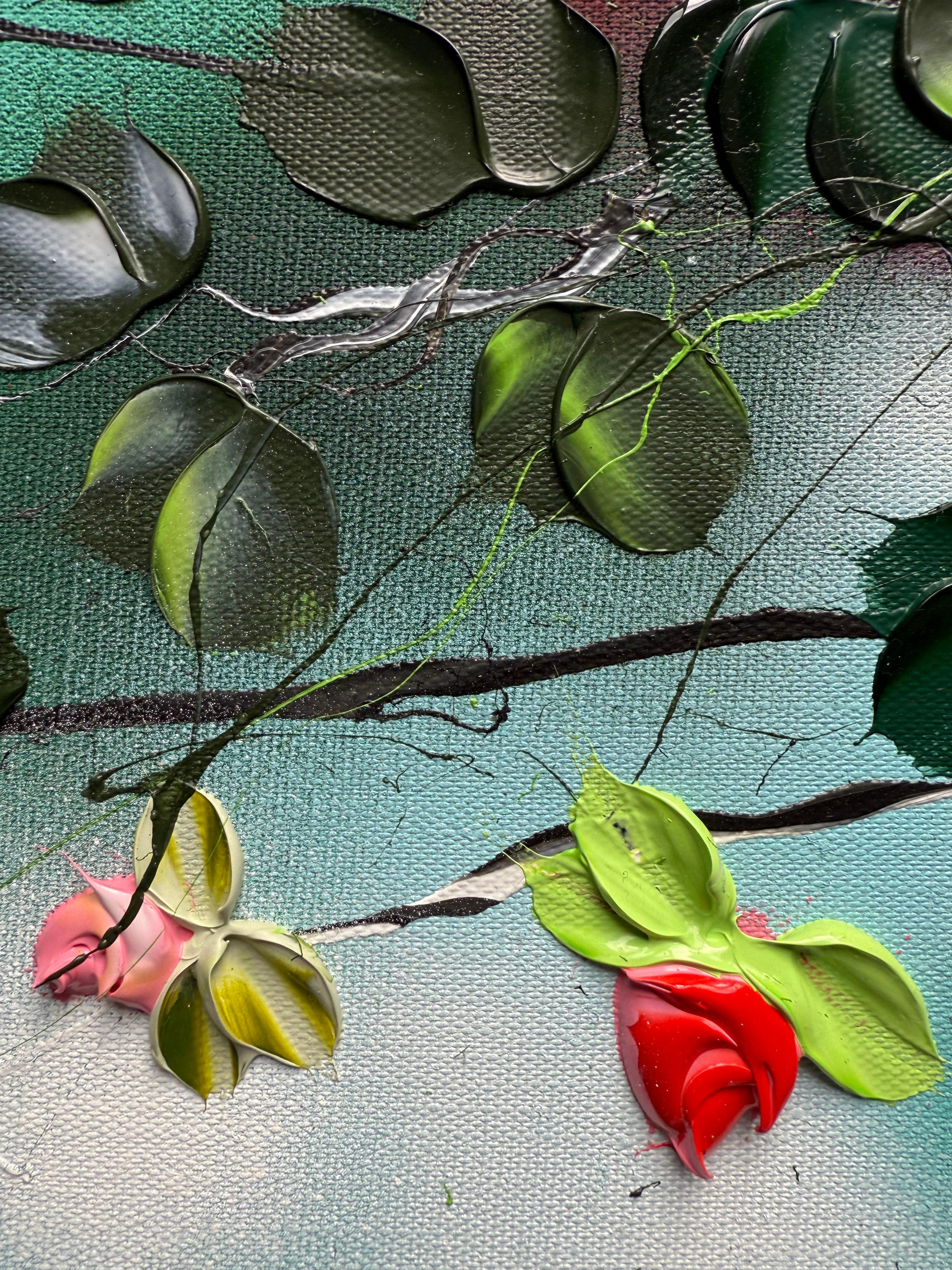 Blooms V -  colorful impressionistic painting on linen canvas with 3d roses For Sale 7