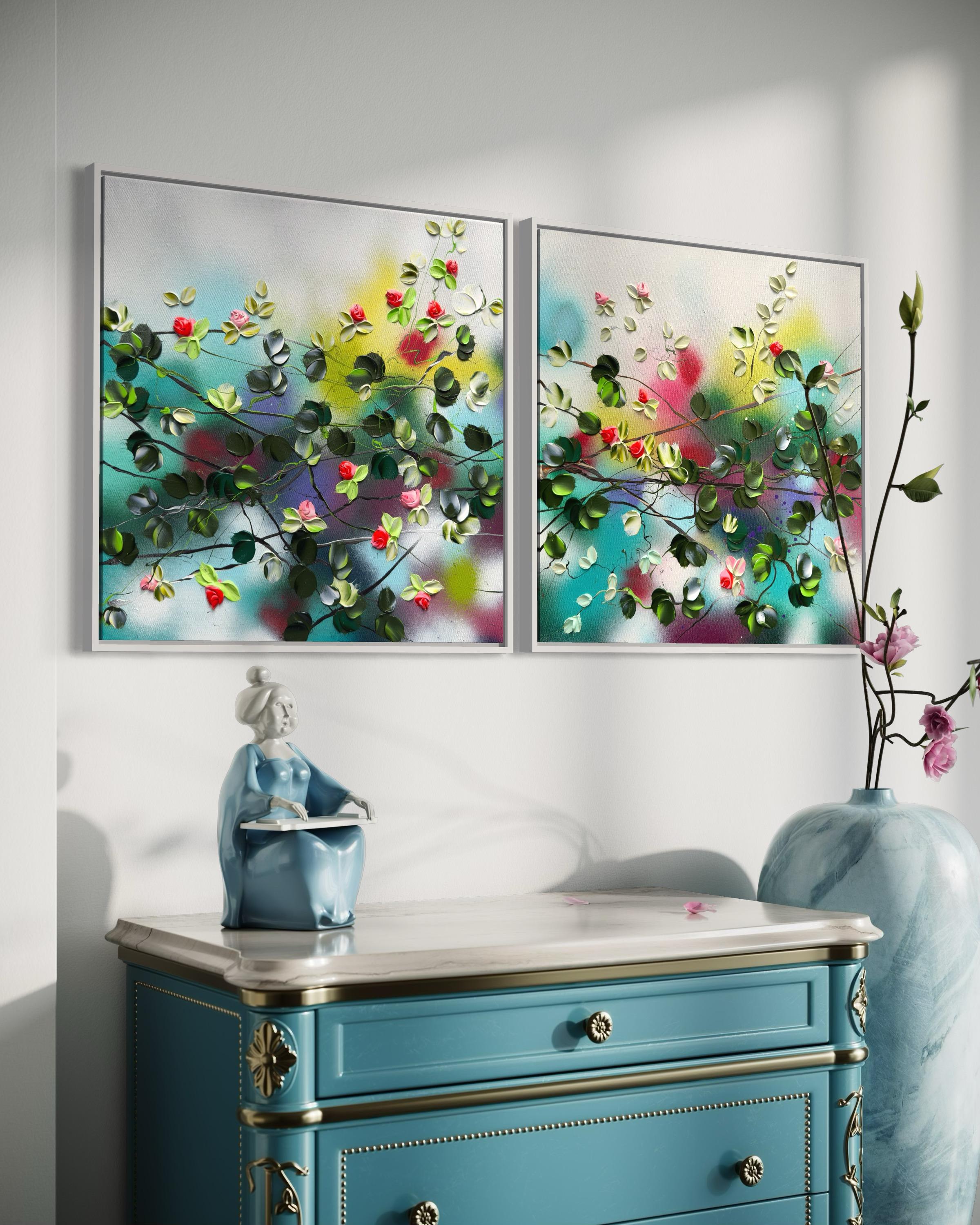 Blooms V -  colorful impressionistic painting on linen canvas with 3d roses For Sale 8