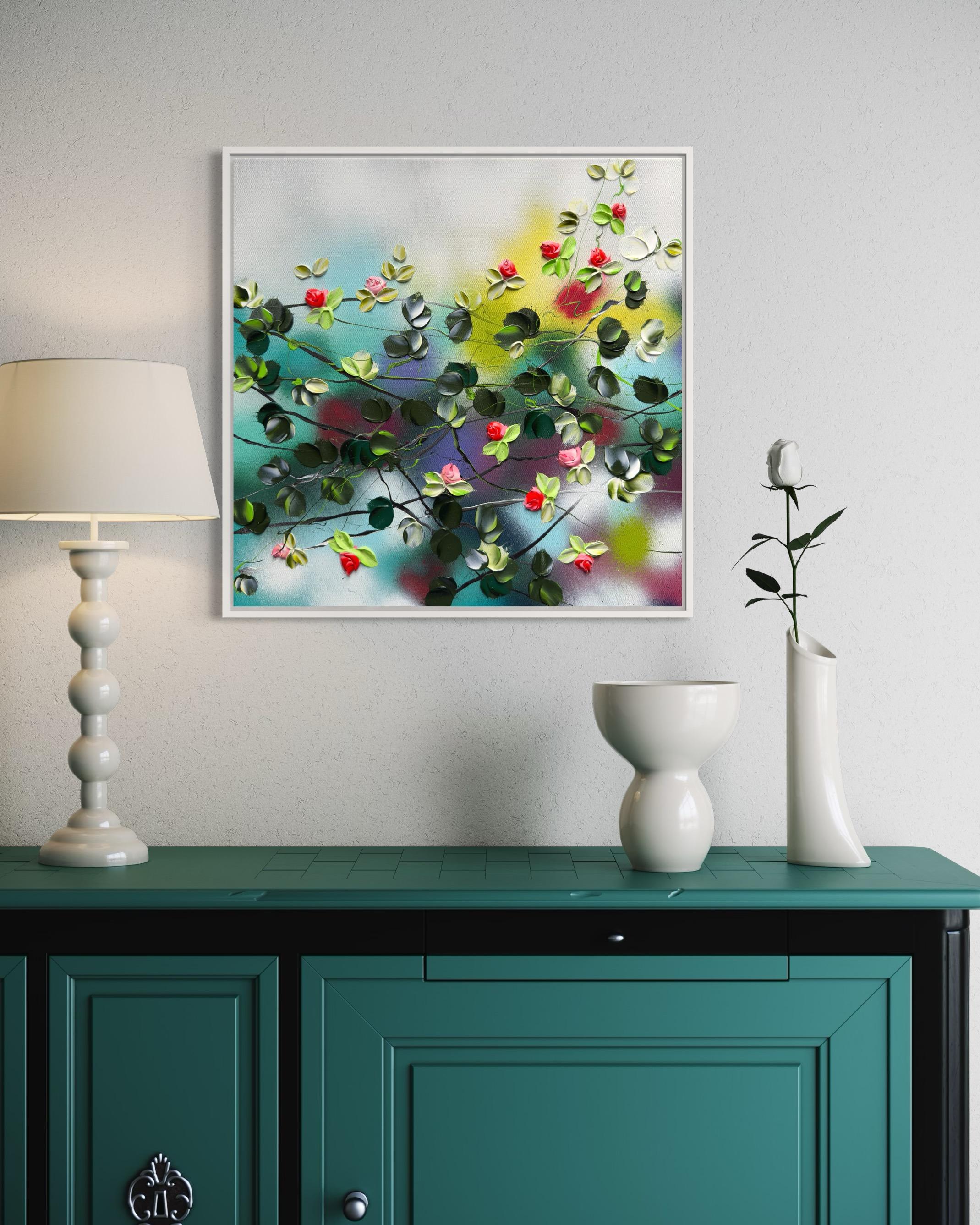 Blooms V -  colorful impressionistic painting on linen canvas with 3d roses For Sale 9