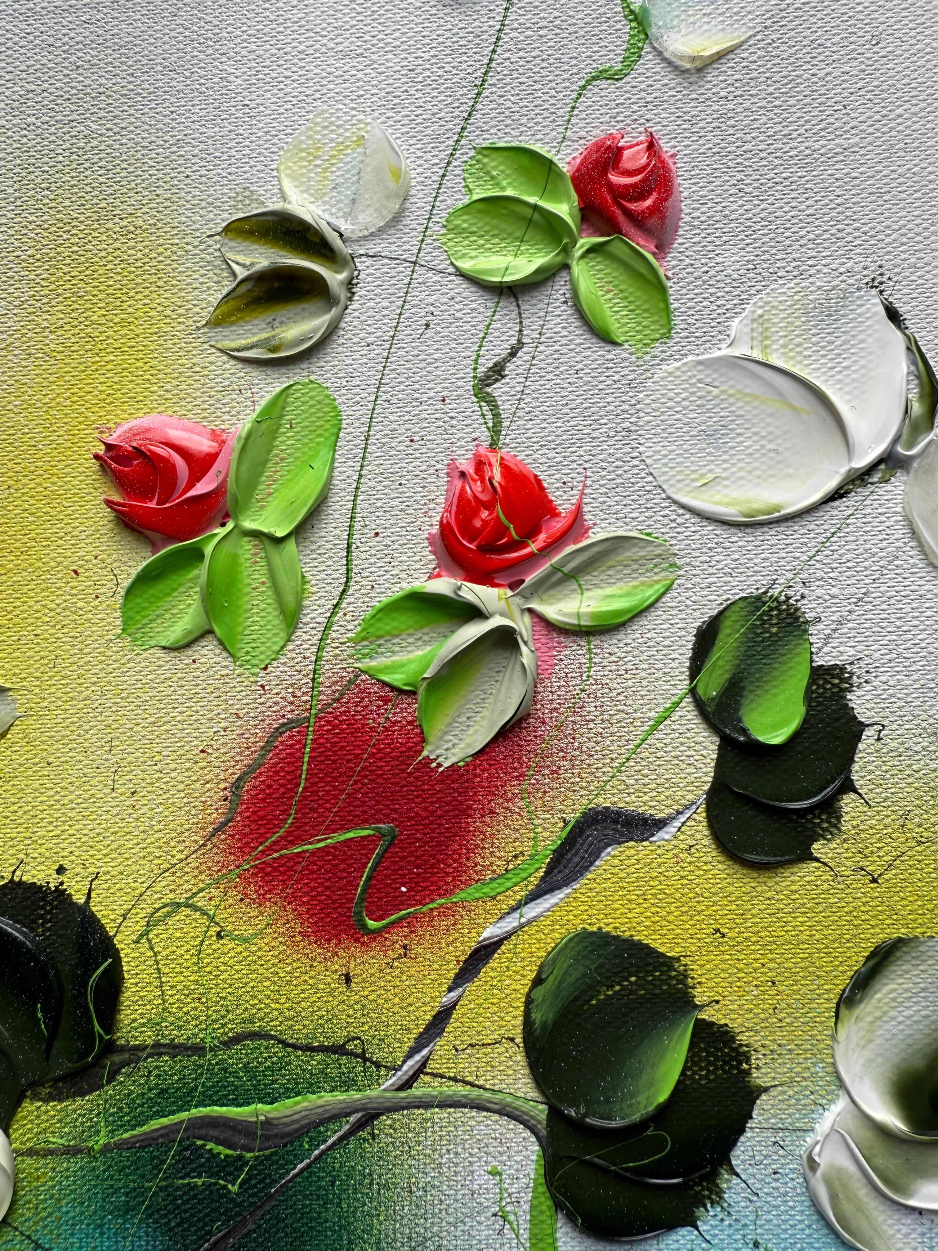 Blooms V -  colorful impressionistic painting on linen canvas with 3d roses For Sale 10