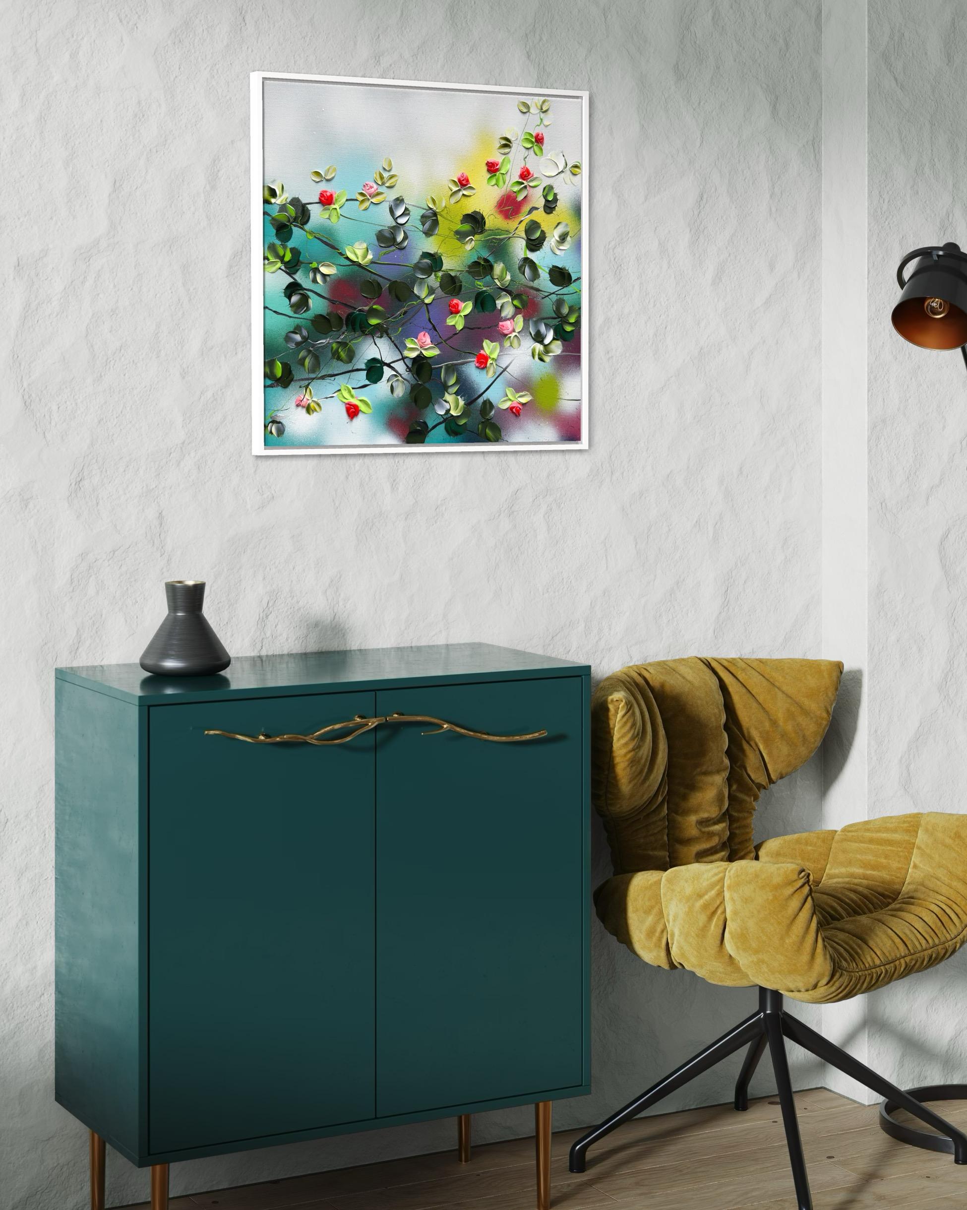 Blooms V -  colorful impressionistic painting on linen canvas with 3d roses For Sale 11
