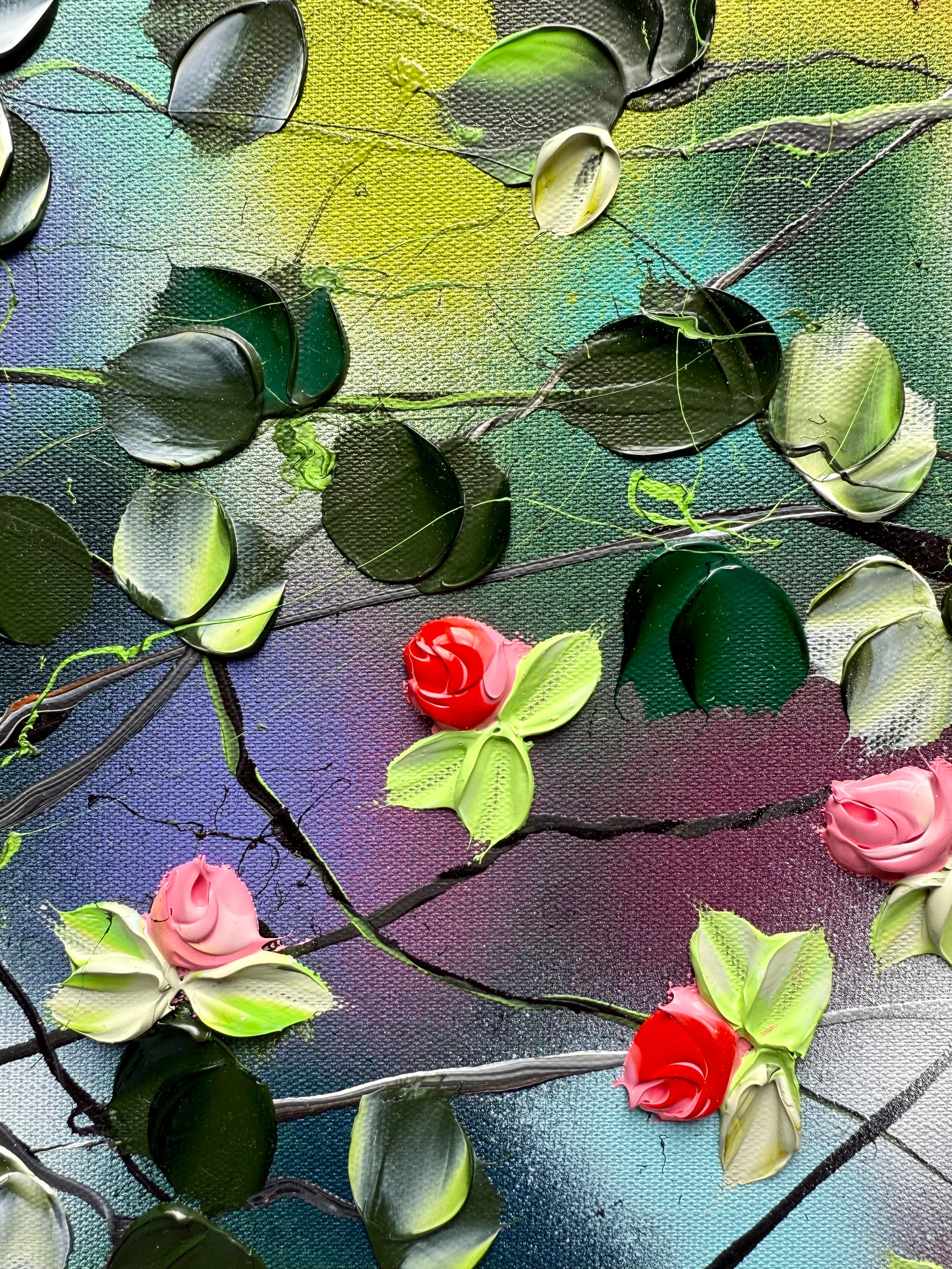 Blooms V -  colorful impressionistic painting on linen canvas with 3d roses - Painting by Anastassia Skopp