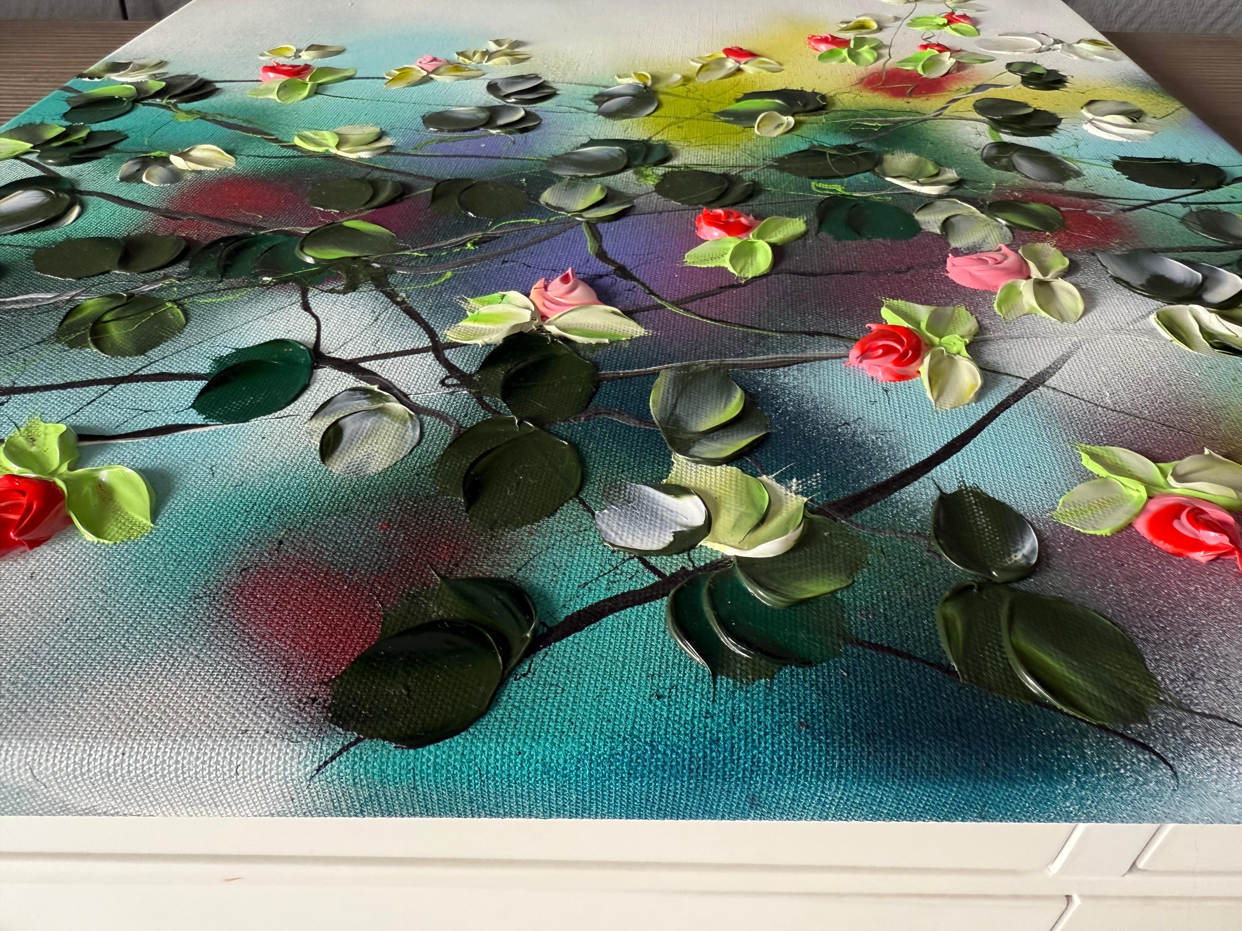 Blooms V -  colorful impressionistic painting on linen canvas with 3d roses - Abstract Impressionist Painting by Anastassia Skopp