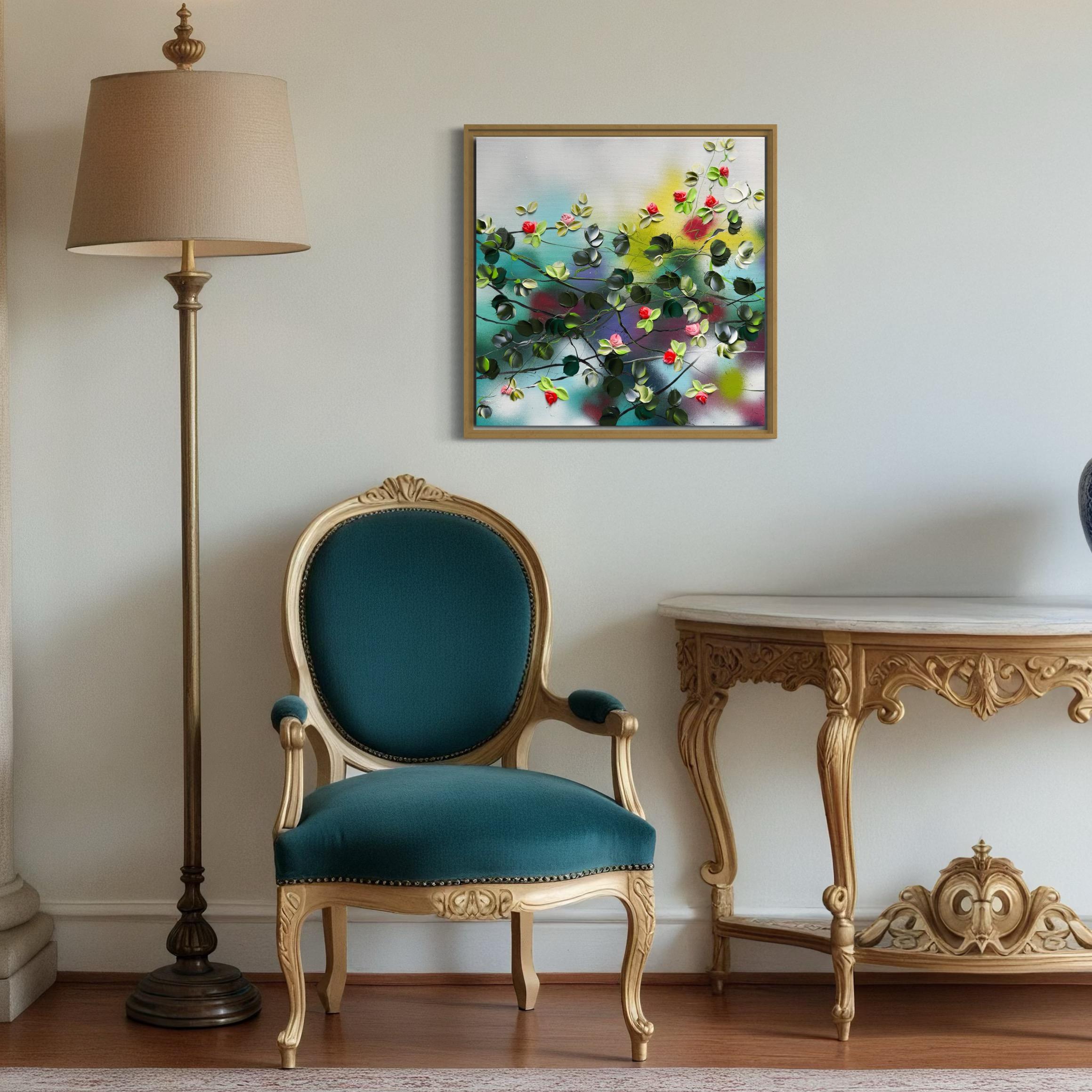 Blooms V -  colorful impressionistic painting on linen canvas with 3d roses - Gray Figurative Painting by Anastassia Skopp