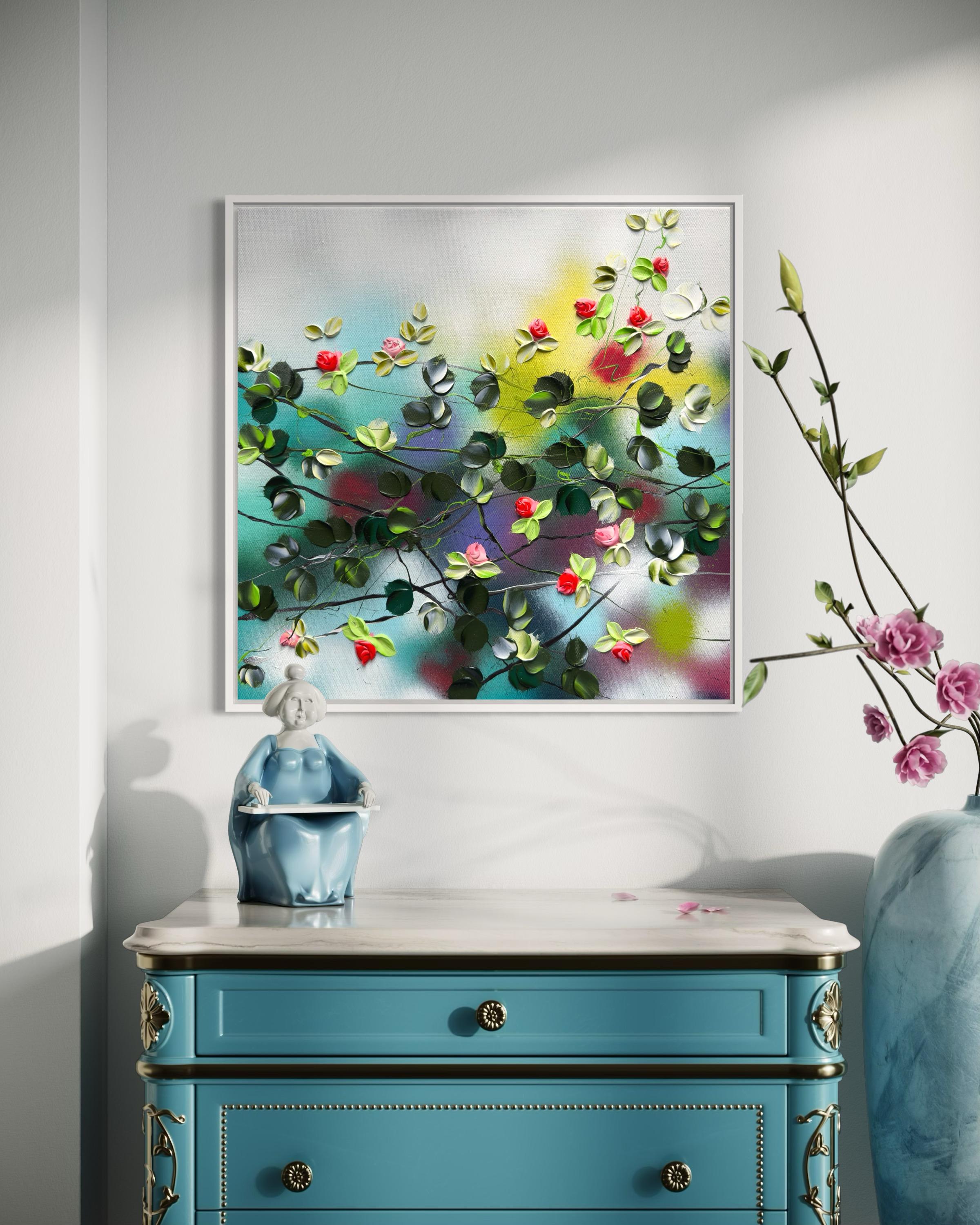 Acrylic on linen canvas, 50x50x2 cm / 19,7x19,7x0,8 in.

This painting features a serene composition of red and pink roses, capturing the essence of tranquility and self-contentment. The delicate roses, with their vibrant hues, are set against the